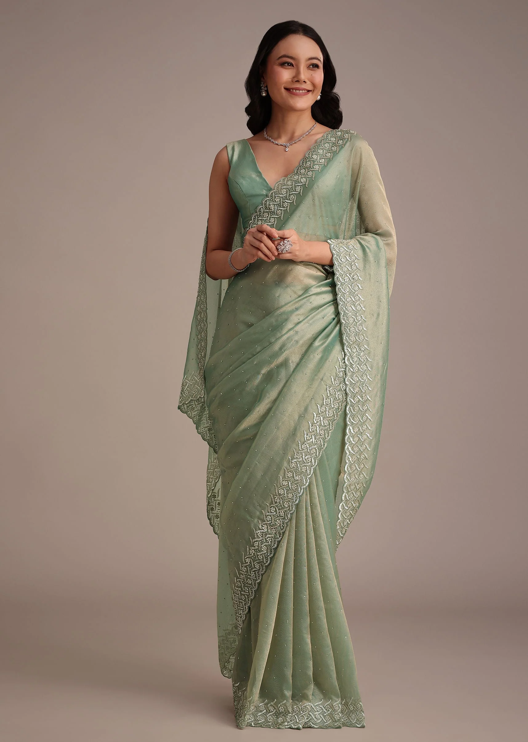 Sea Green Tissue Saree With Cutdana And Stone Embroidery - Image 3