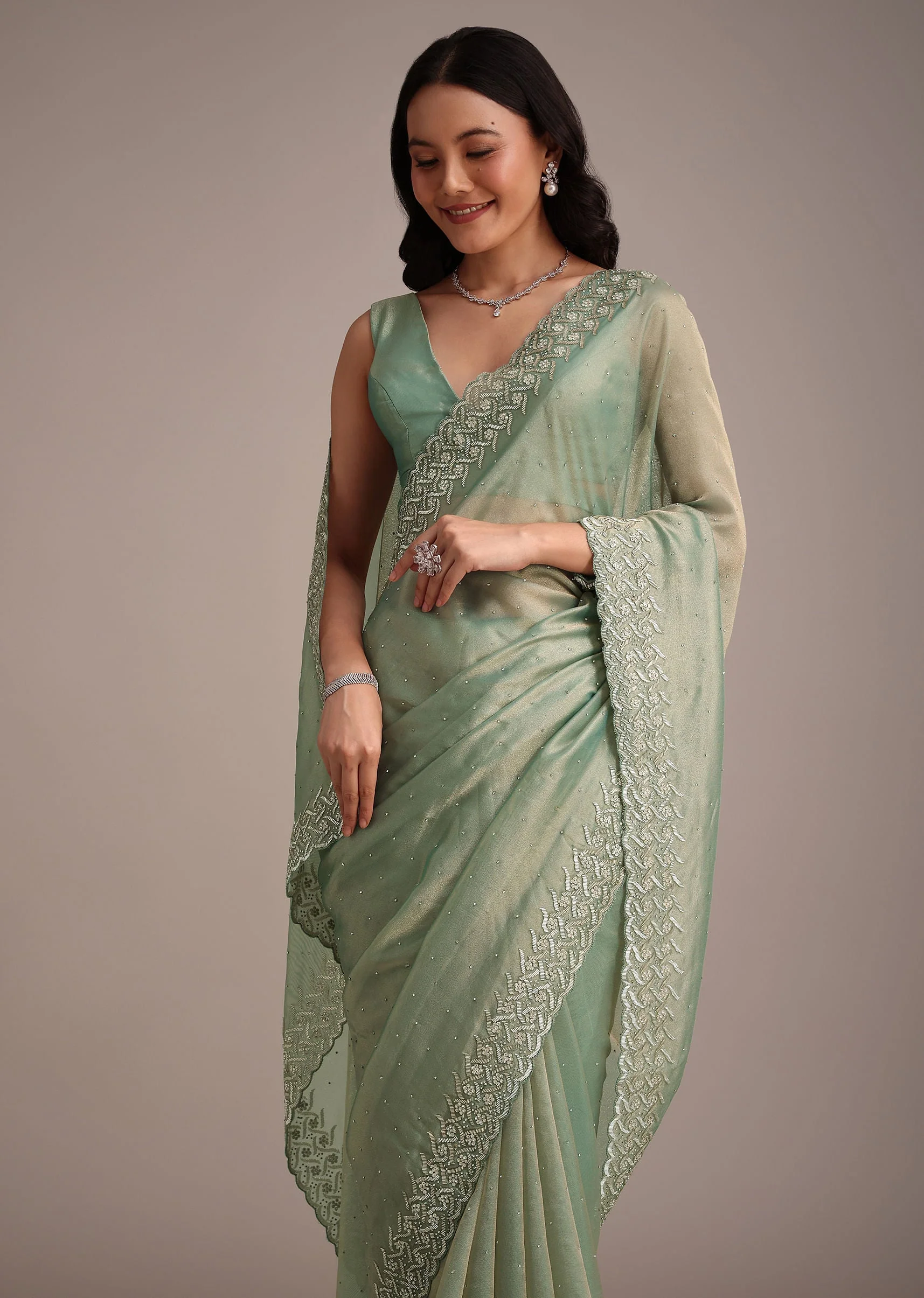Sea Green Tissue Saree With Cutdana And Stone Embroidery - Image 4