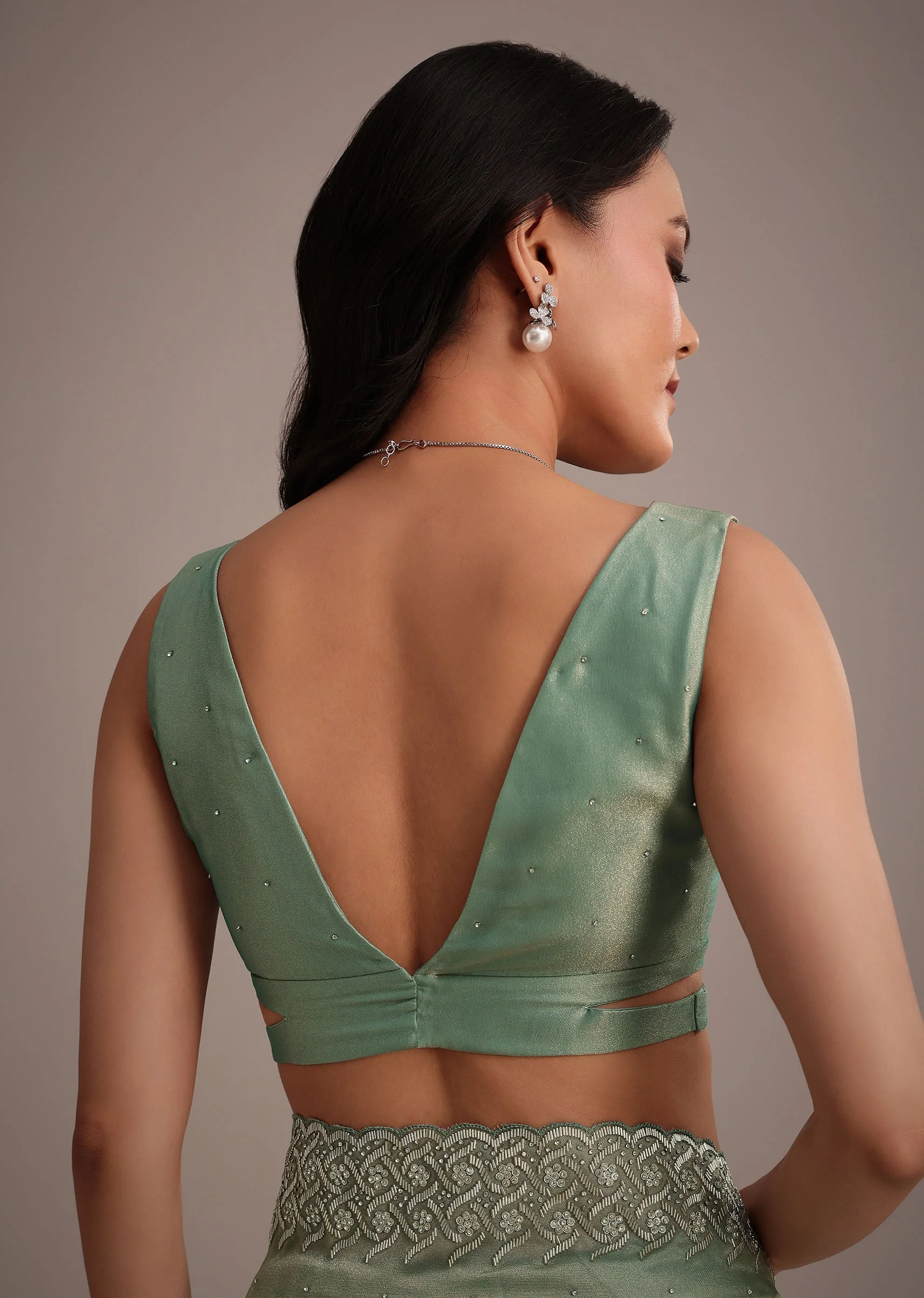 Sea Green Tissue Saree With Cutdana And Stone Embroidery - Image 8