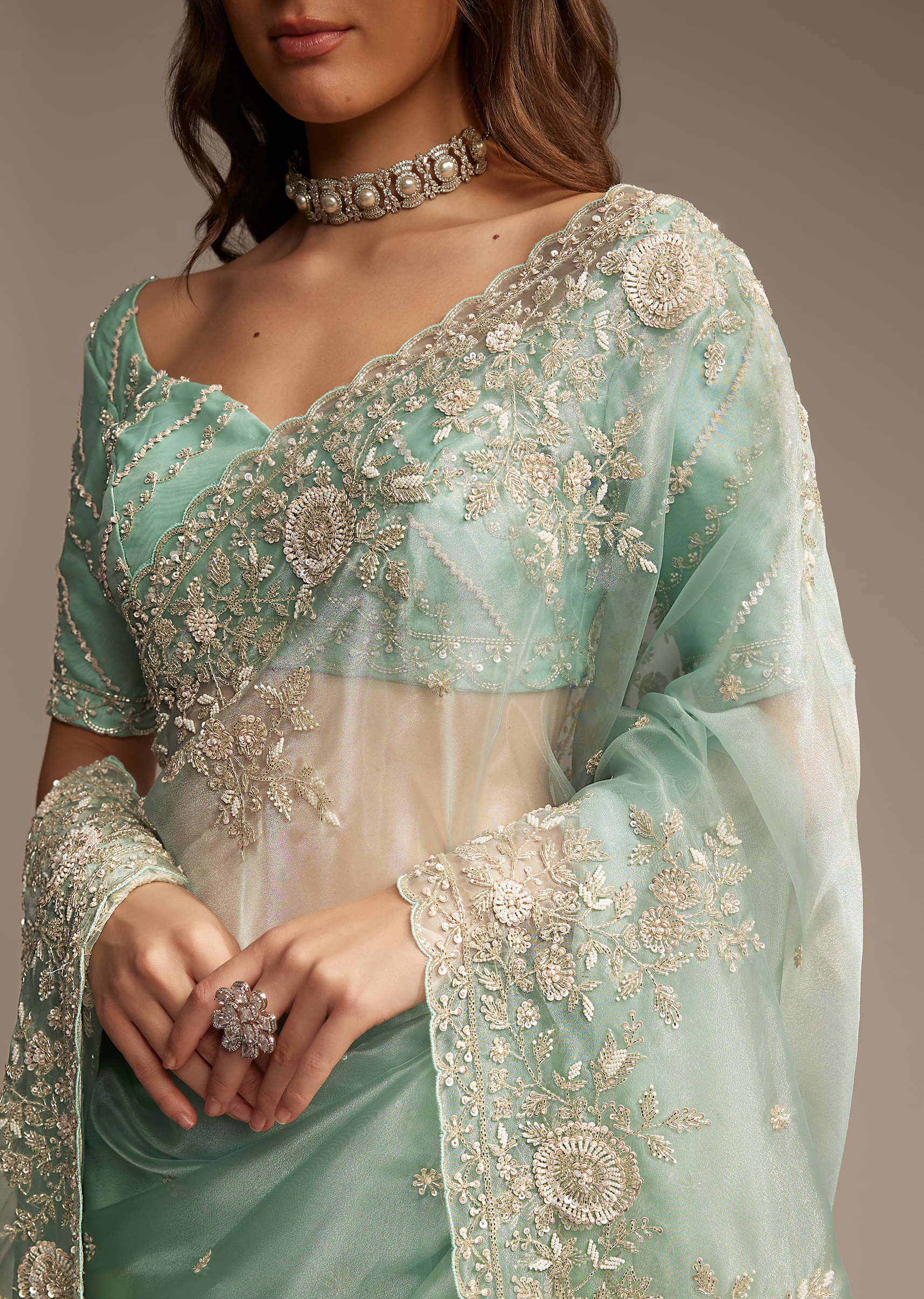 Sea Green Tissue Saree with Cutdana Embroidery - Image 2