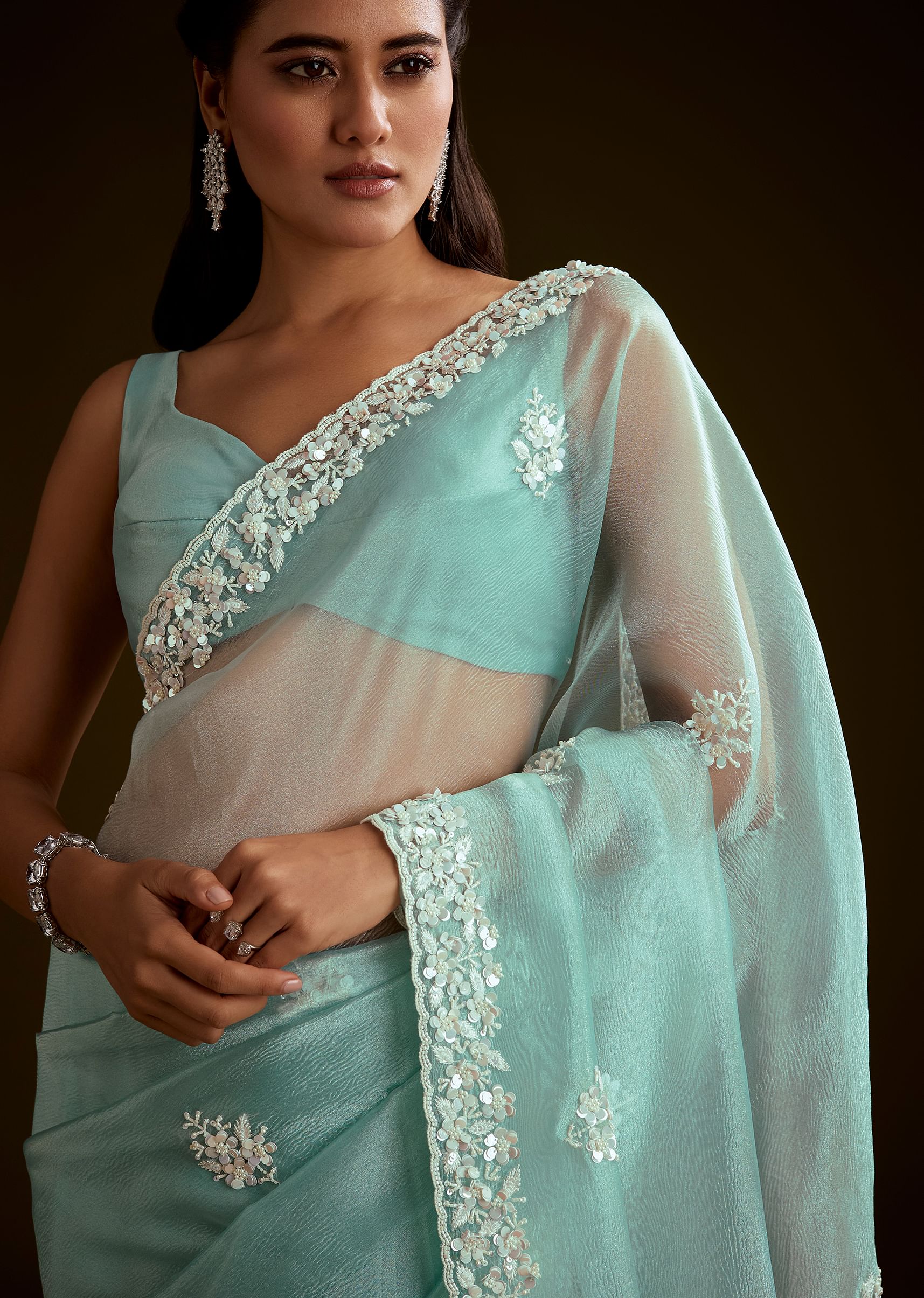 Sea Green Tissue Saree With Floral Embroidery And Scallop Border - Image 2