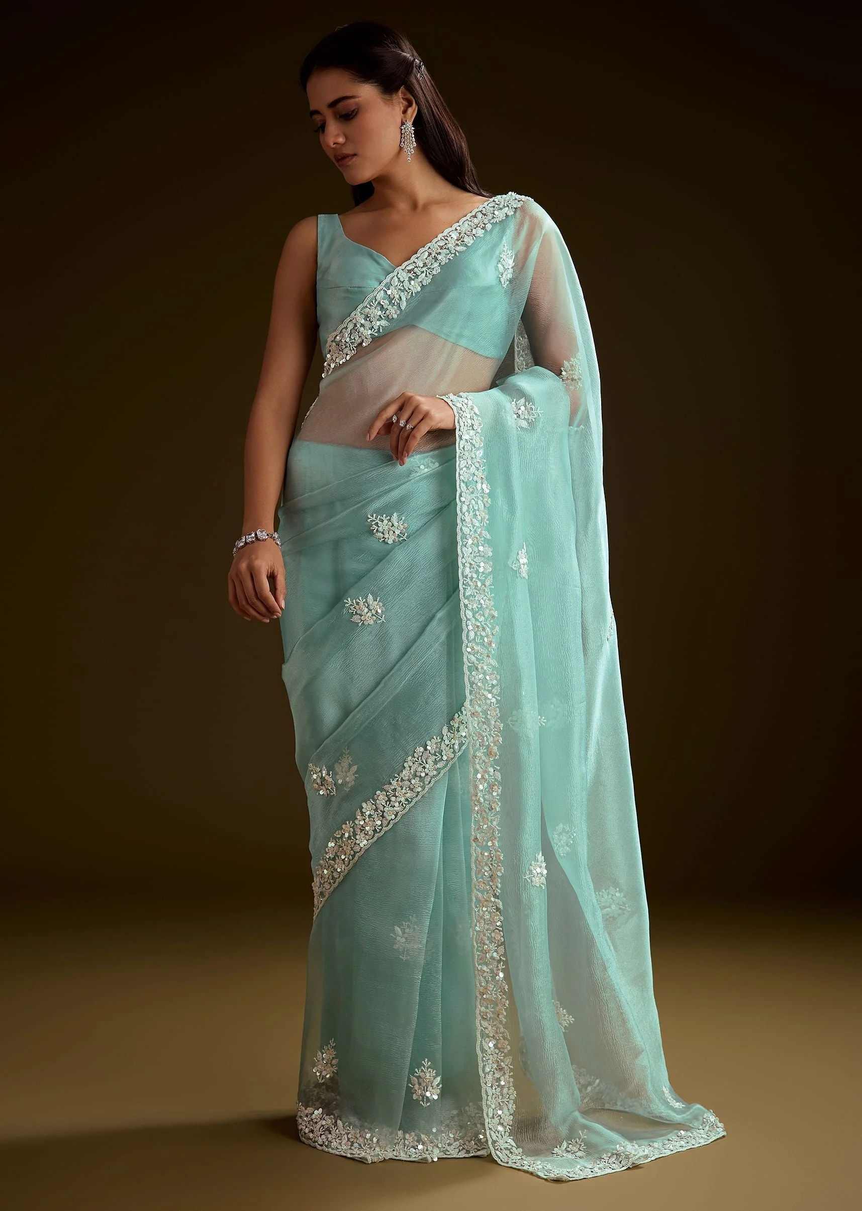 Sea Green Tissue Saree With Floral Embroidery And Scallop Border - Image 3