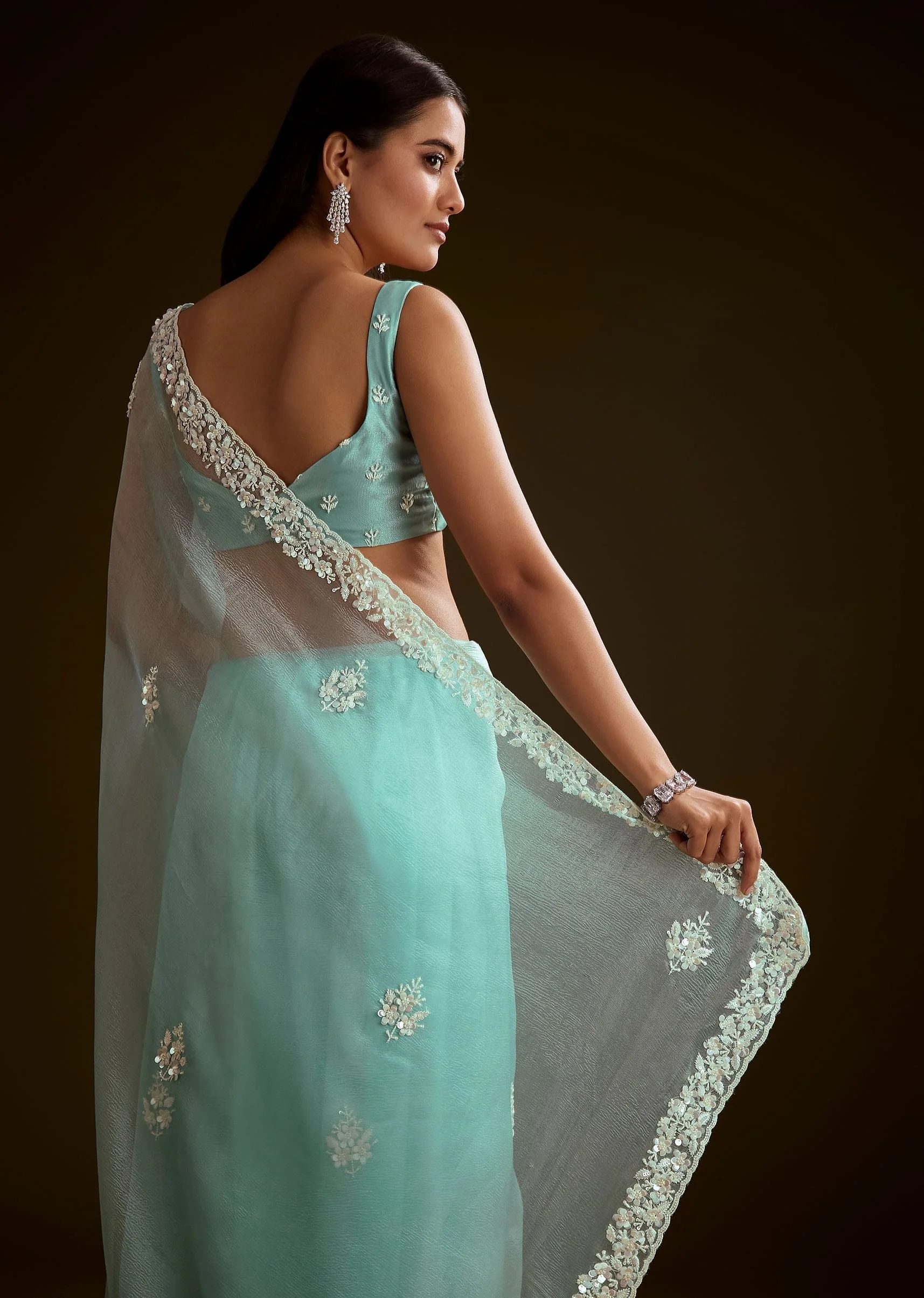 Sea Green Tissue Saree With Floral Embroidery And Scallop Border - Image 4