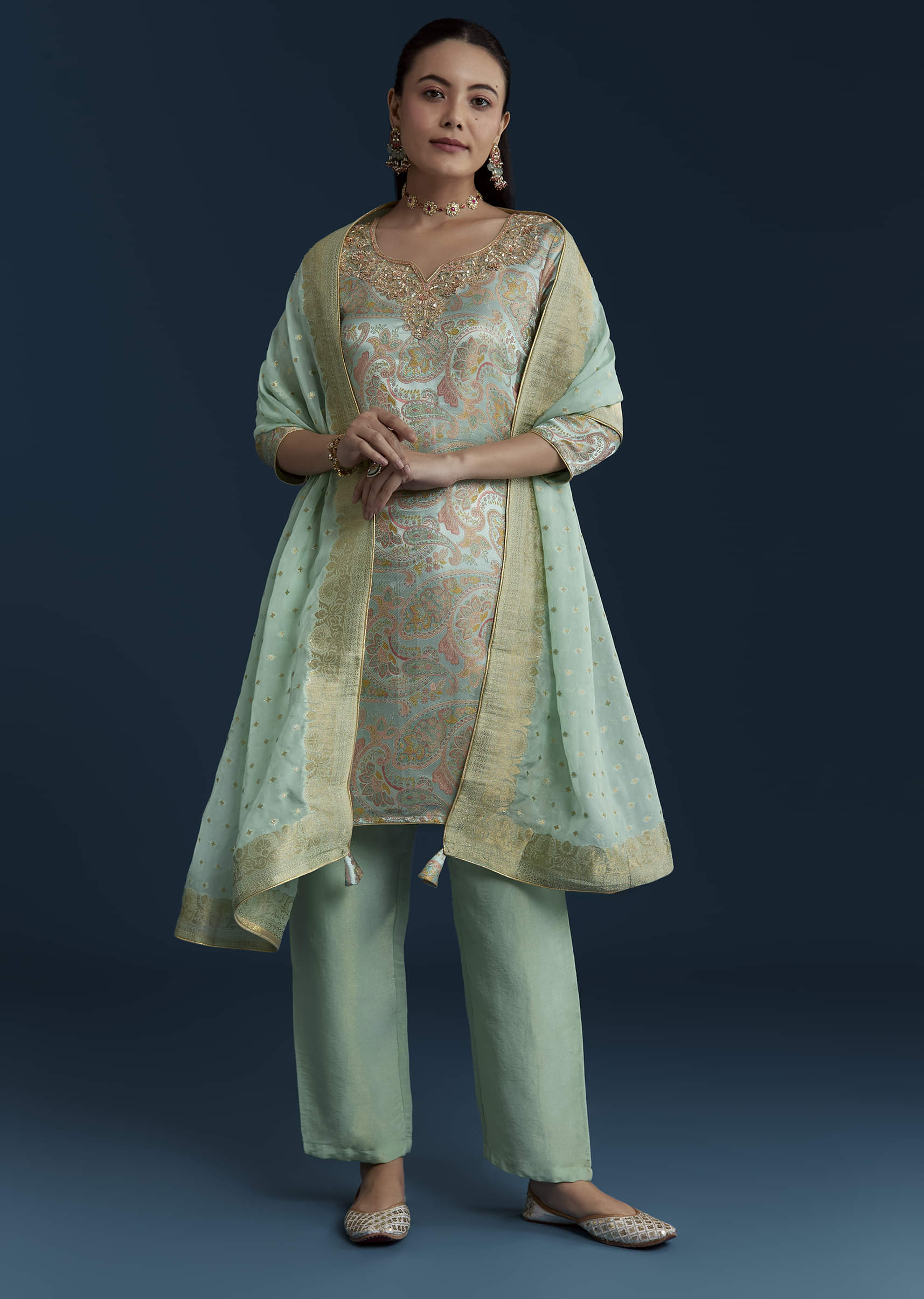 Sea Green Tissue Silk Jacquard Weave Kurta Set - Image 3