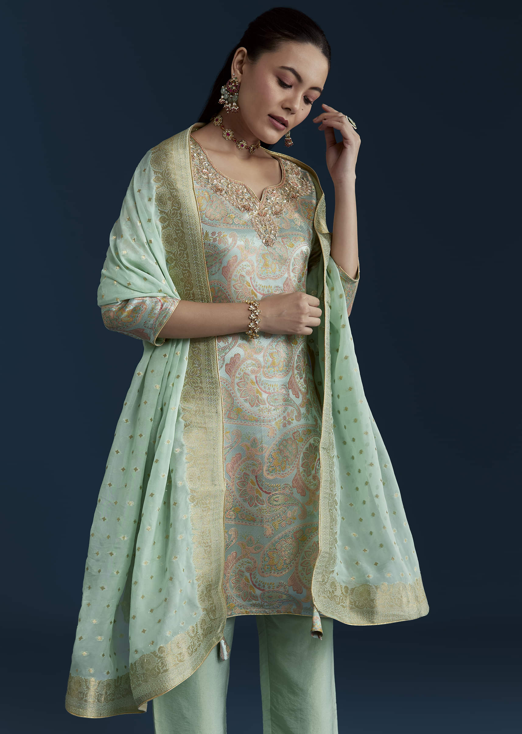 Sea Green Tissue Silk Jacquard Weave Kurta Set - Image 4