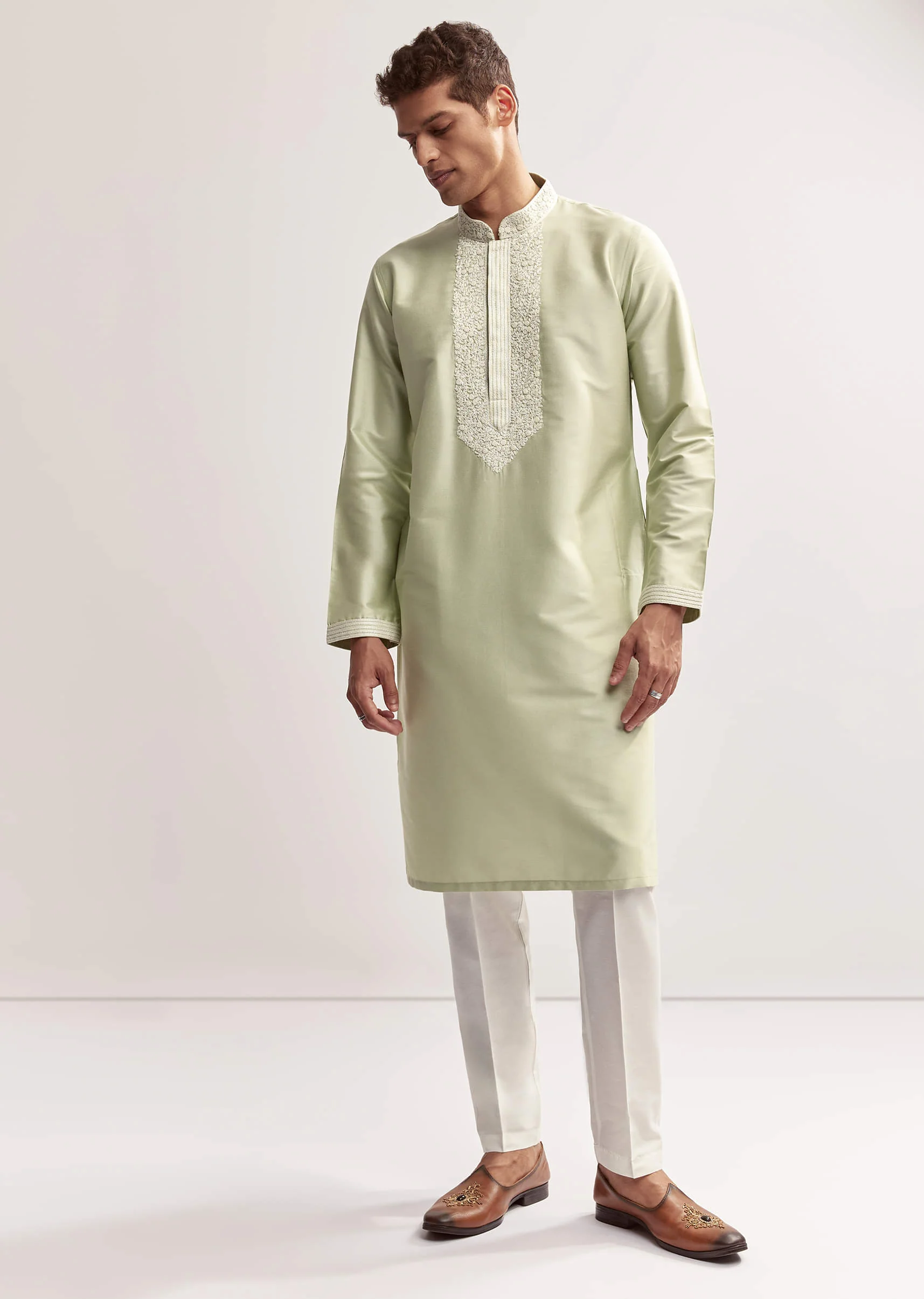 Sea Green Viscose Chanderi Kurta Set For Men With Hand Work - Image 2