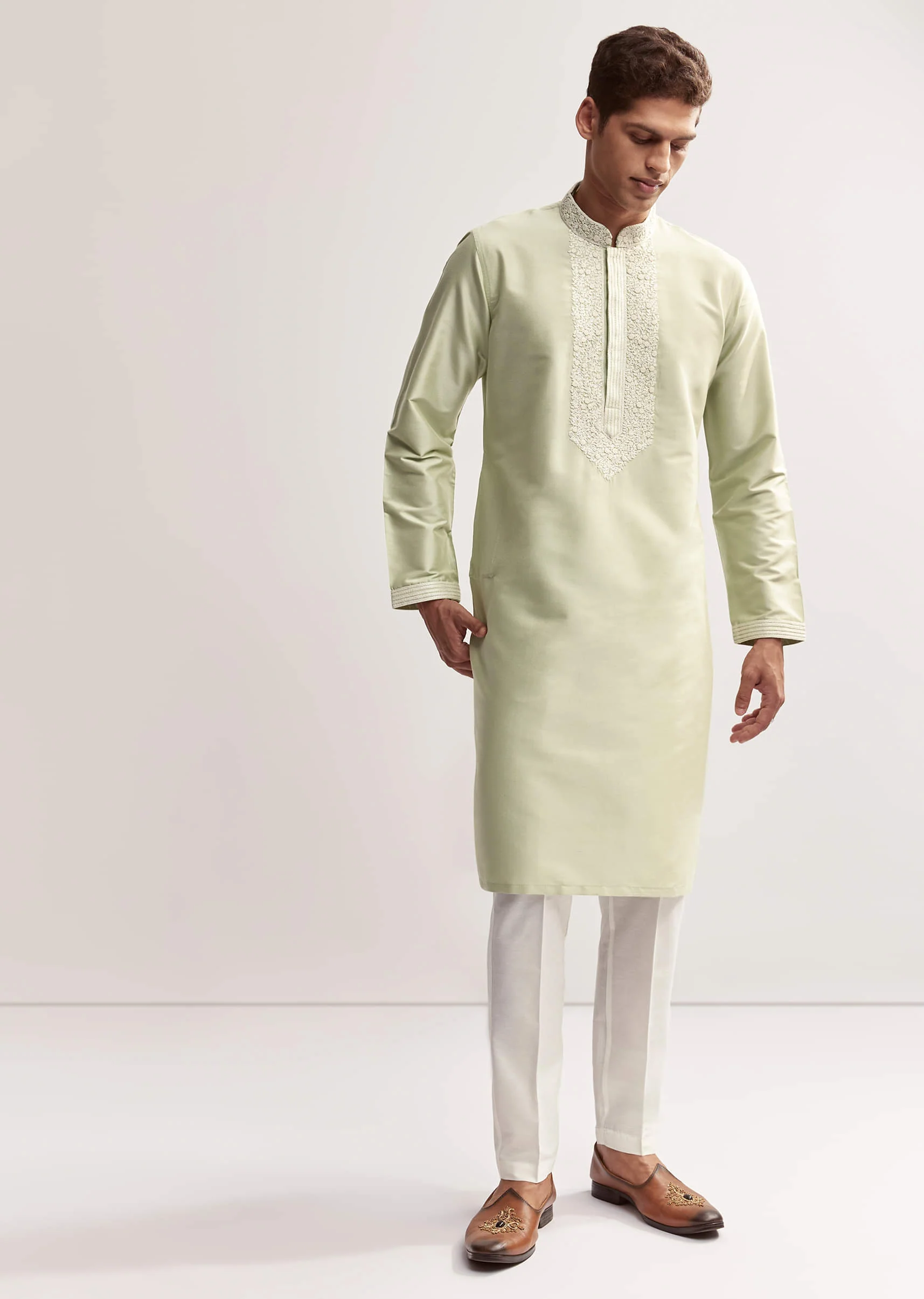 Sea Green Viscose Chanderi Kurta Set For Men With Hand Work - Image 4