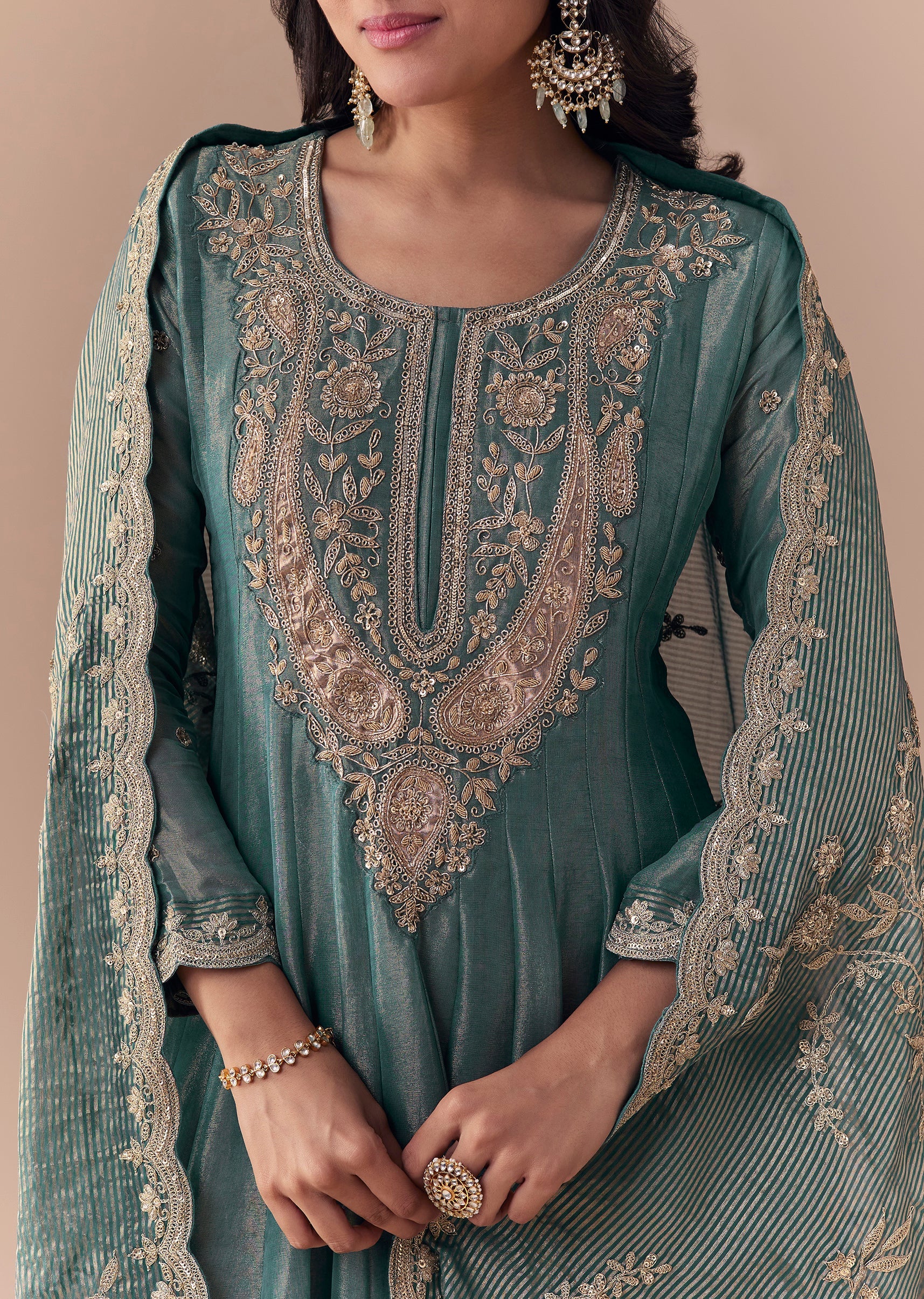 Sea Green Zardozi Anarkali with Dupatta - Image 2