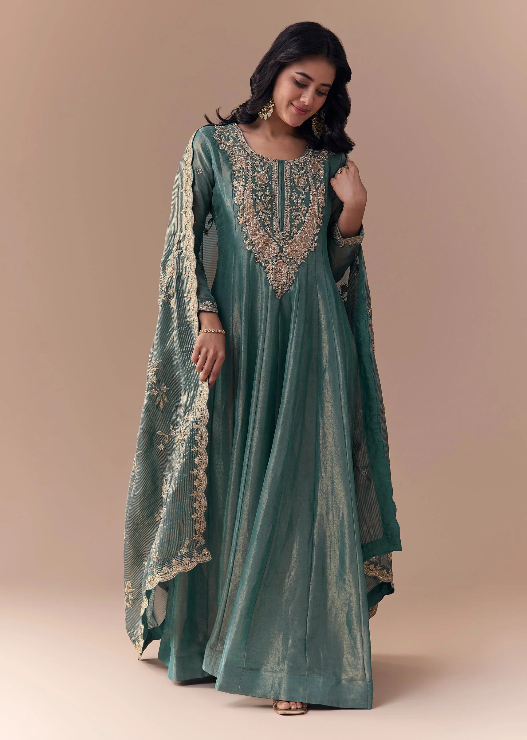 Sea Green Zardozi Anarkali with Dupatta - Image 3
