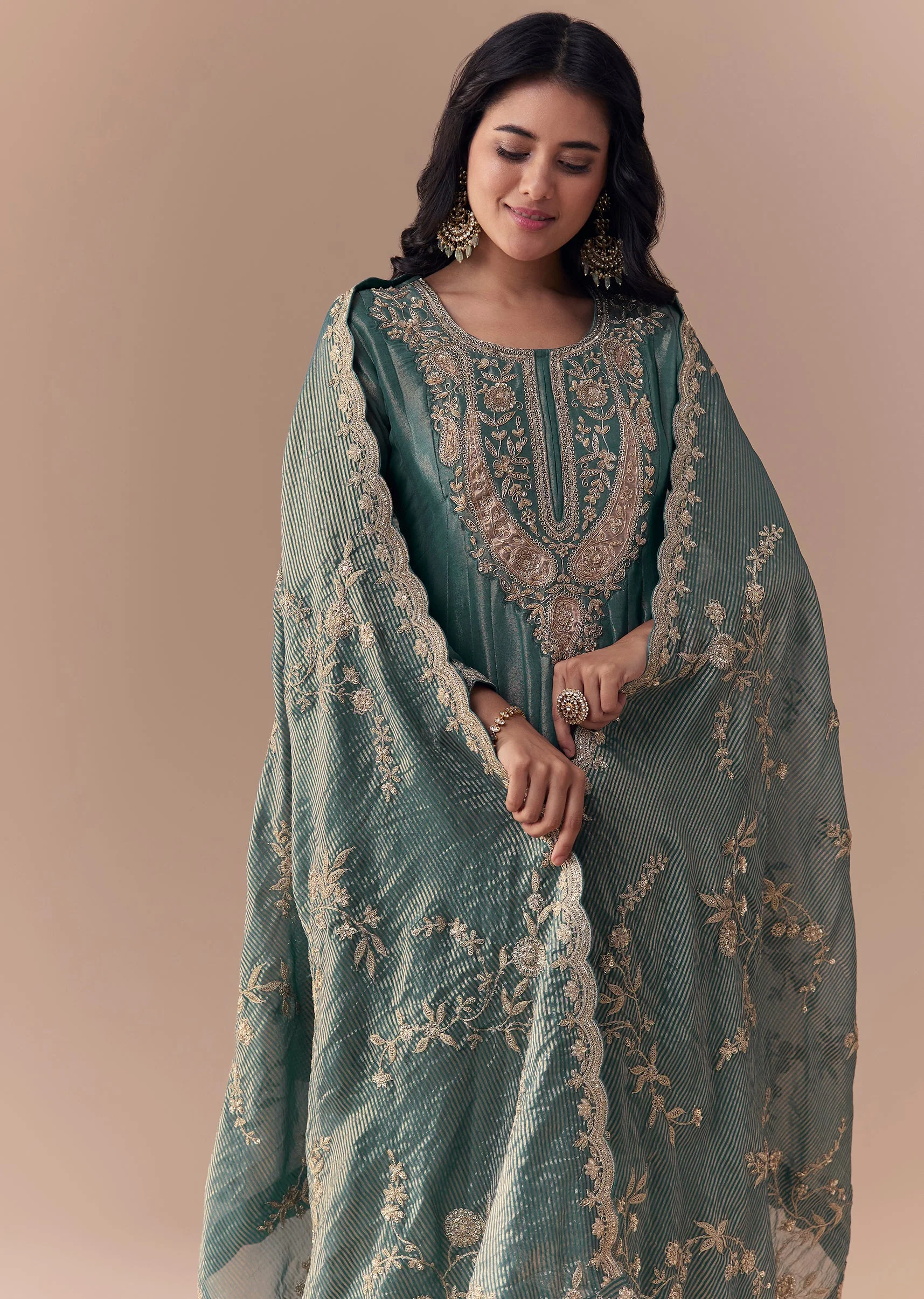 Sea Green Zardozi Anarkali with Dupatta - Image 4