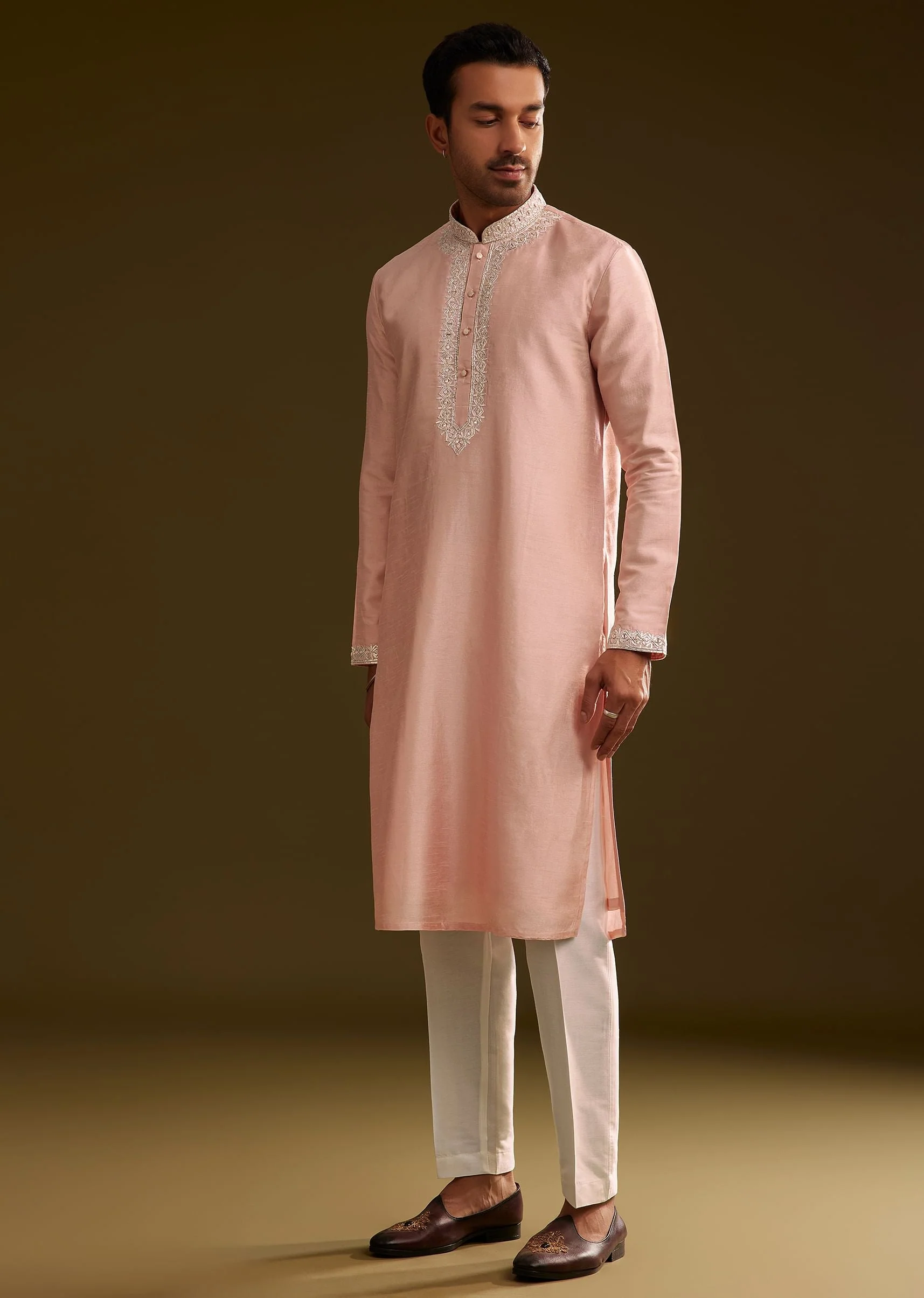 Sea Shell Pink Silk Kurta Set With Embroidery - Image 2