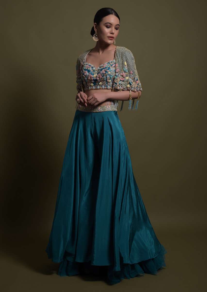 Seaside Blue Crop Top And Palazzo With Embossed Embroidery And Hand Crafted Cape - Image 10