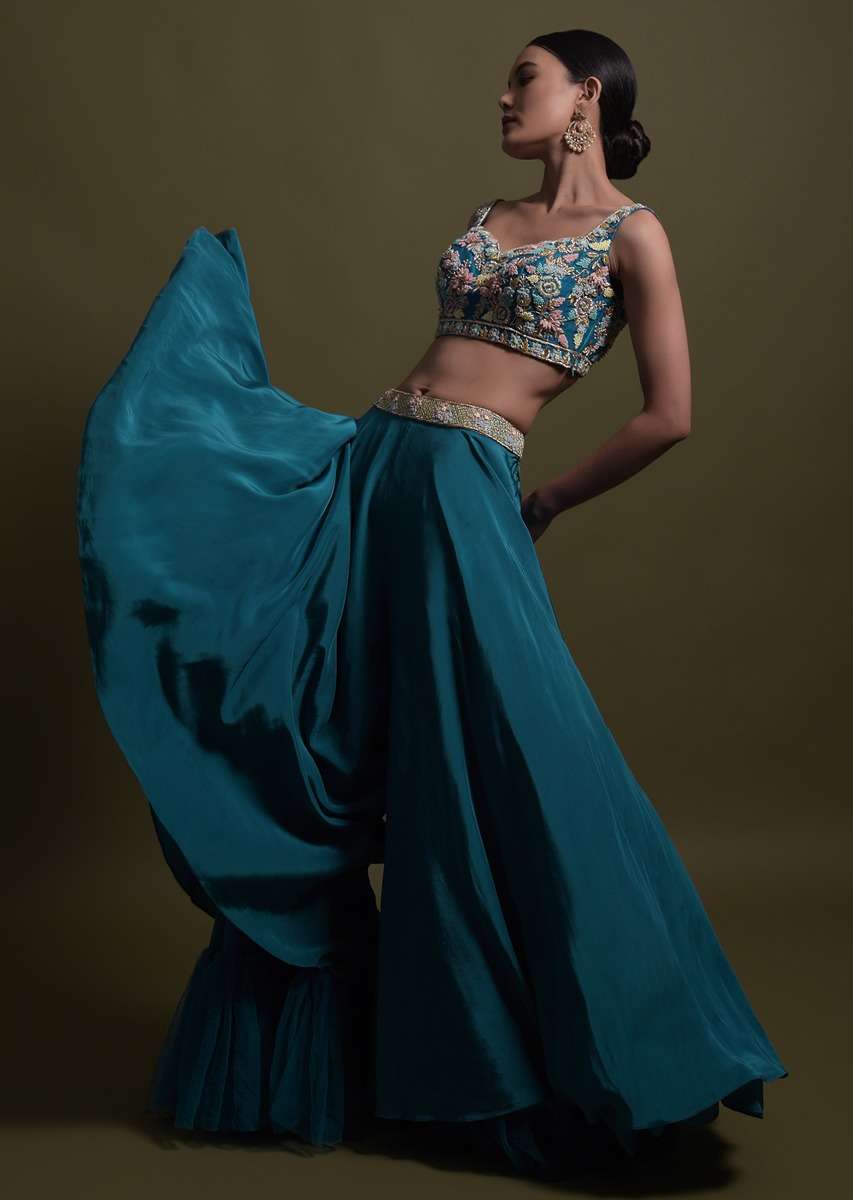Seaside Blue Crop Top And Palazzo With Embossed Embroidery And Hand Crafted Cape - Image 11