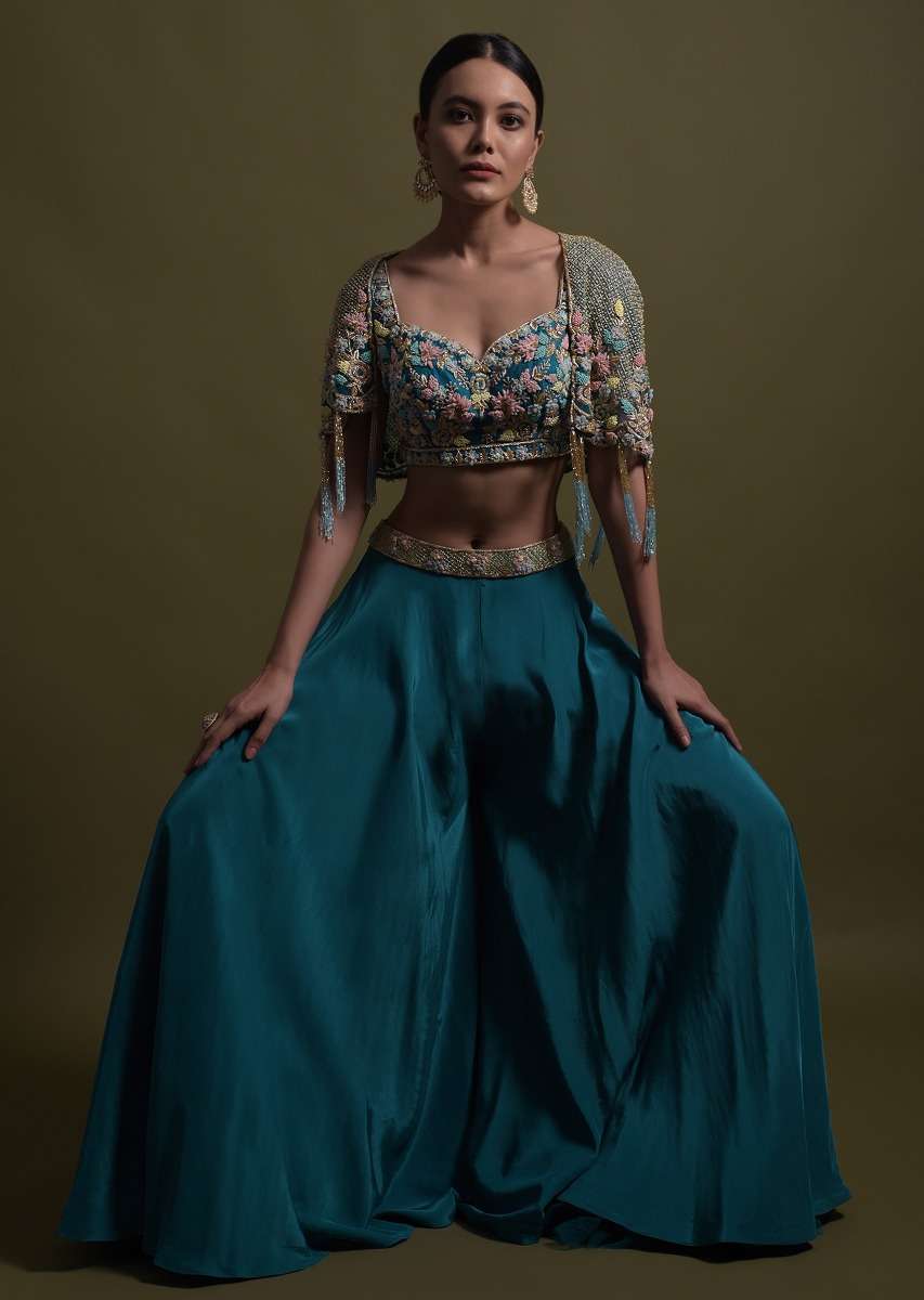 Seaside Blue Crop Top And Palazzo With Embossed Embroidery And Hand Crafted Cape - Image 12