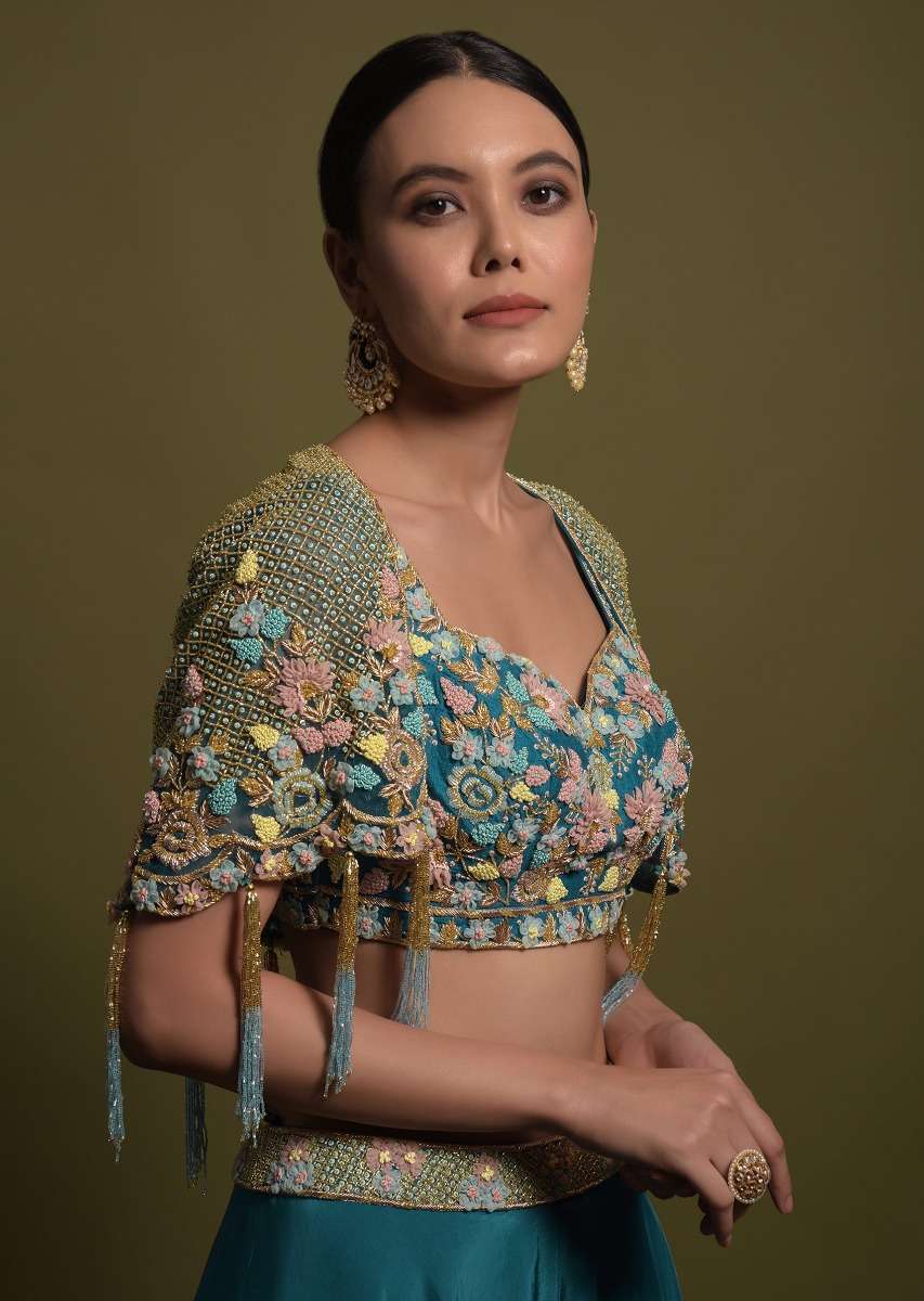 Seaside Blue Crop Top And Palazzo With Embossed Embroidery And Hand Crafted Cape - Image 14