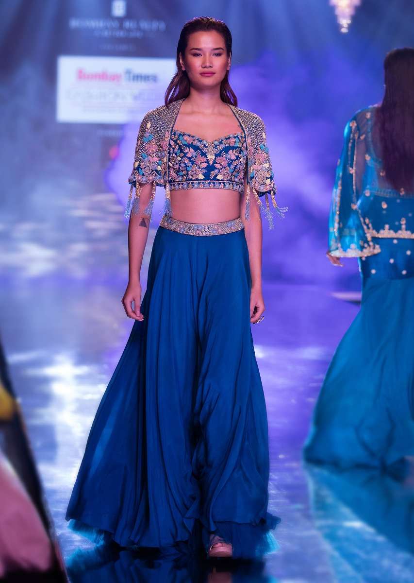 Seaside Blue Crop Top And Palazzo With Embossed Embroidery And Hand Crafted Cape - Image 6