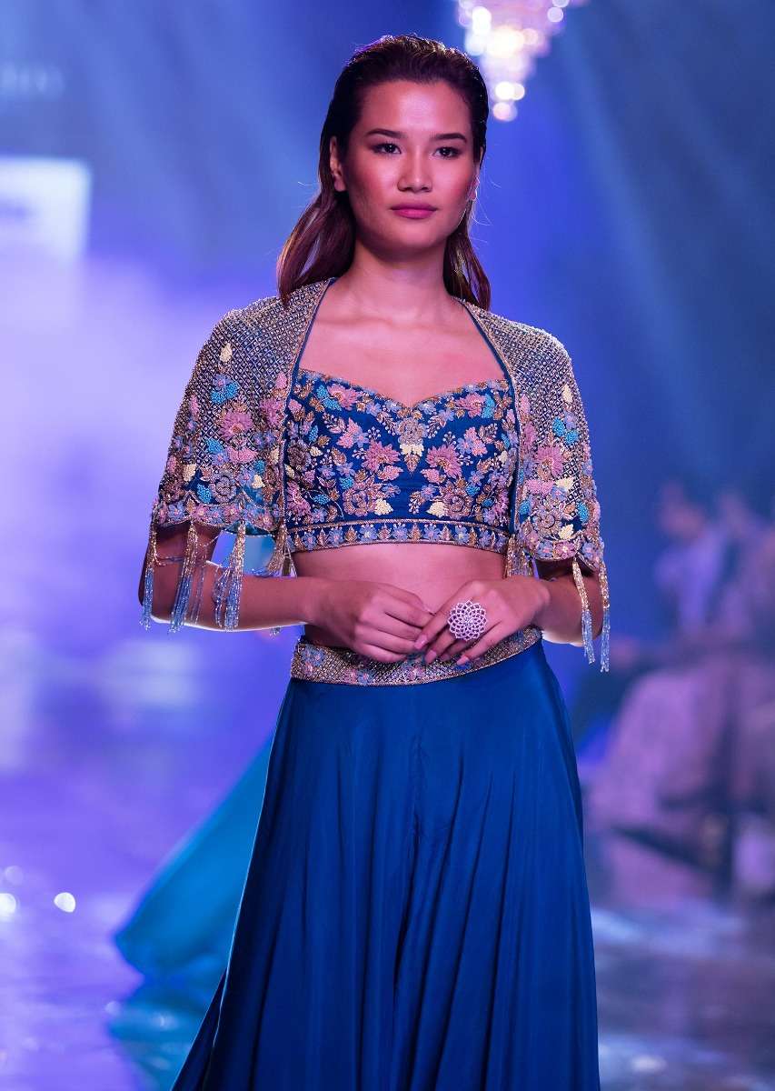 Seaside Blue Crop Top And Palazzo With Embossed Embroidery And Hand Crafted Cape - Image 8