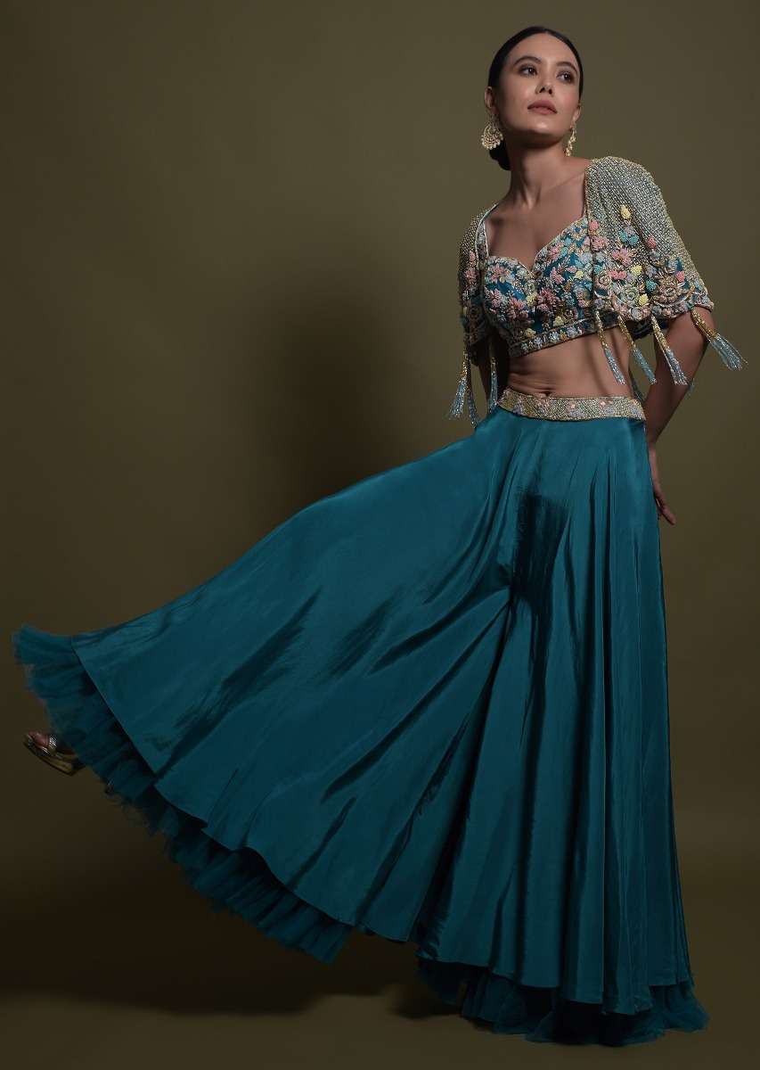 Seaside Blue Crop Top And Palazzo With Embossed Embroidery And Hand Crafted Cape - Image 9