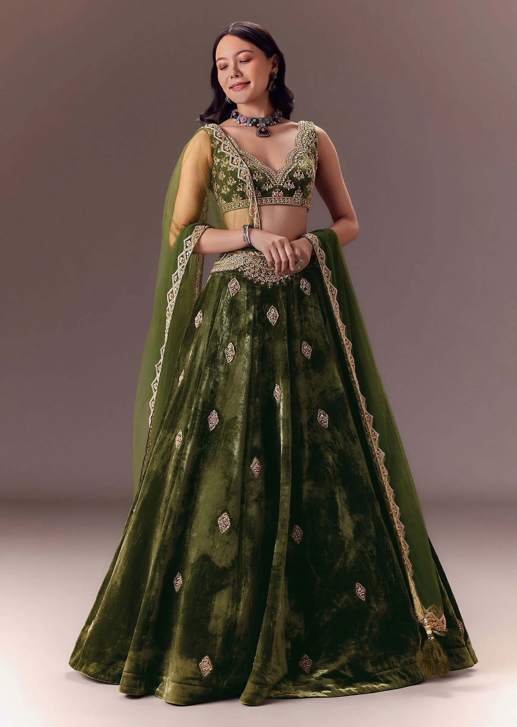 Seaweed Green Velvet Lehenga Set With Hand Work - Image 3