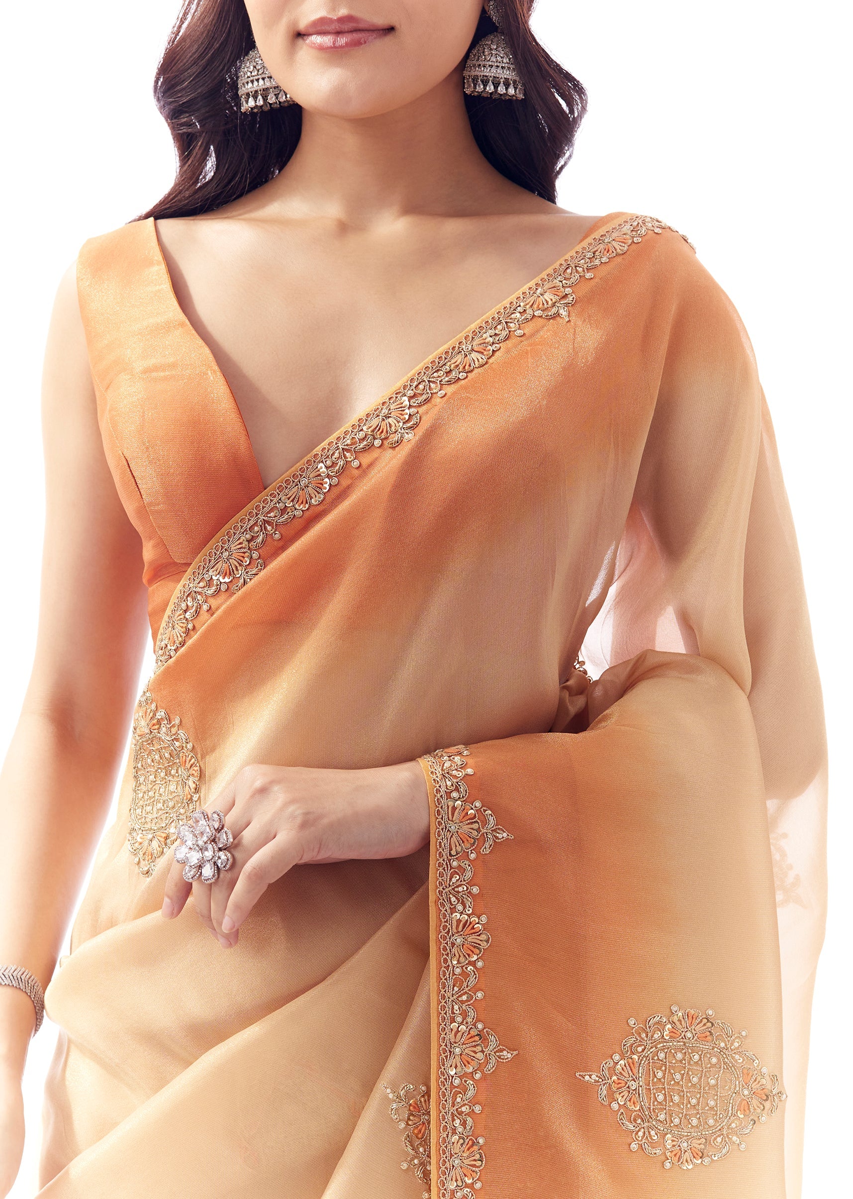 Shaded Orange Tissue Saree With Zardosi And Resham Hand Embroidery and Tasselled Pallu - Image 2
