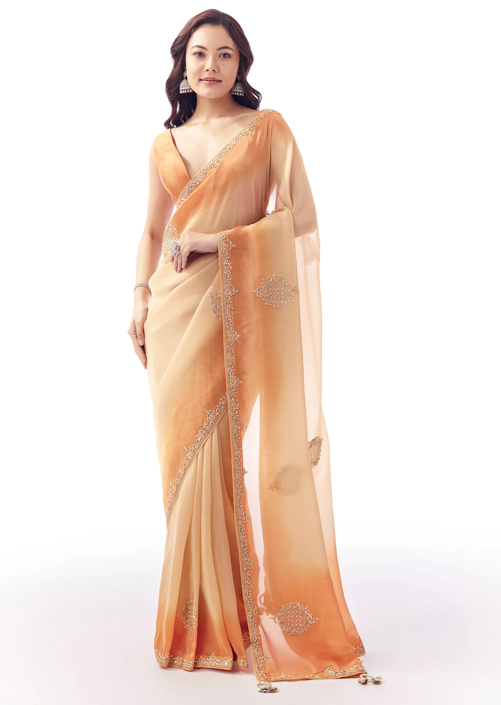 Shaded Orange Tissue Saree With Zardosi And Resham Hand Embroidery and Tasselled Pallu - Image 3