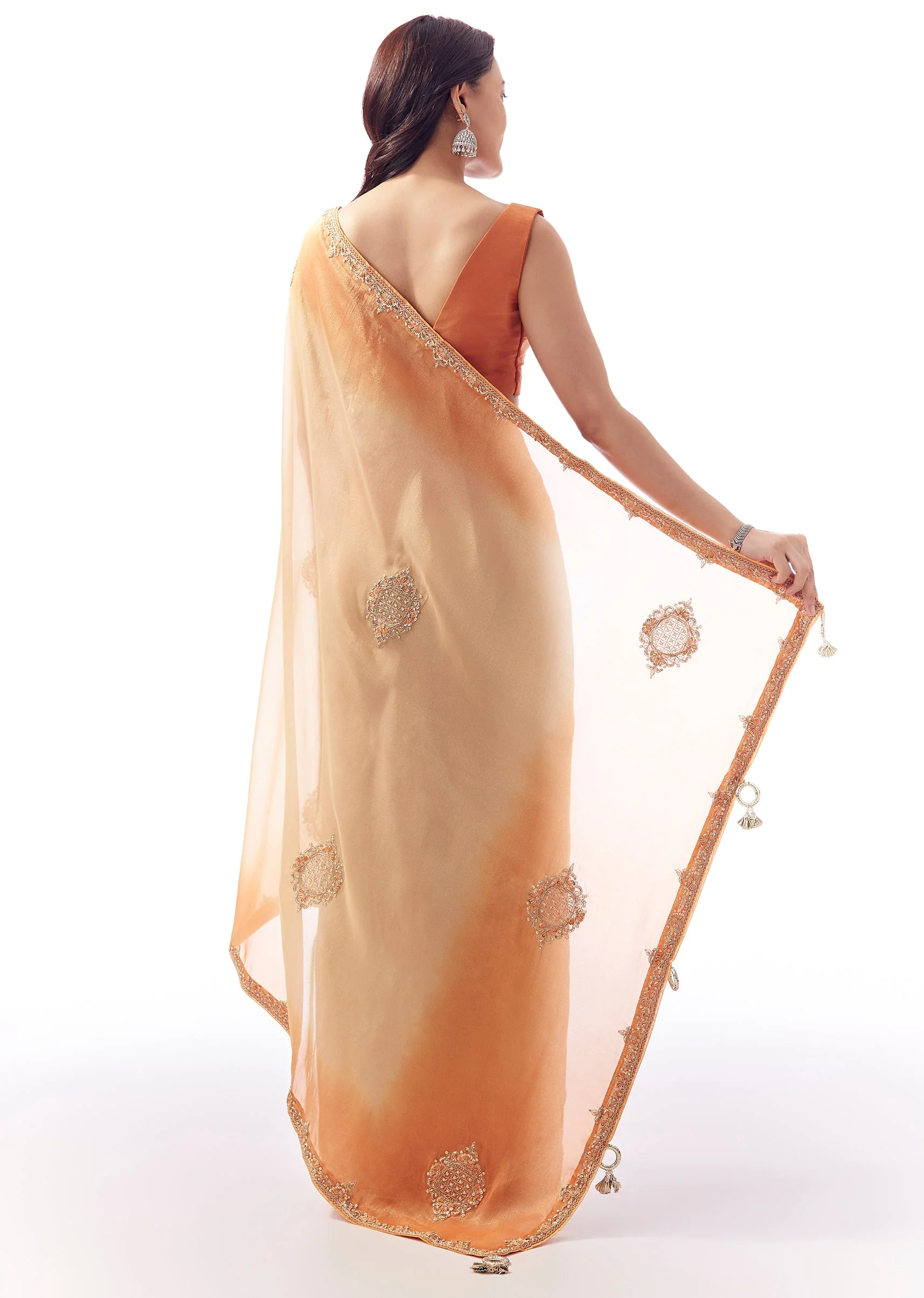 Shaded Orange Tissue Saree With Zardosi And Resham Hand Embroidery and Tasselled Pallu - Image 4
