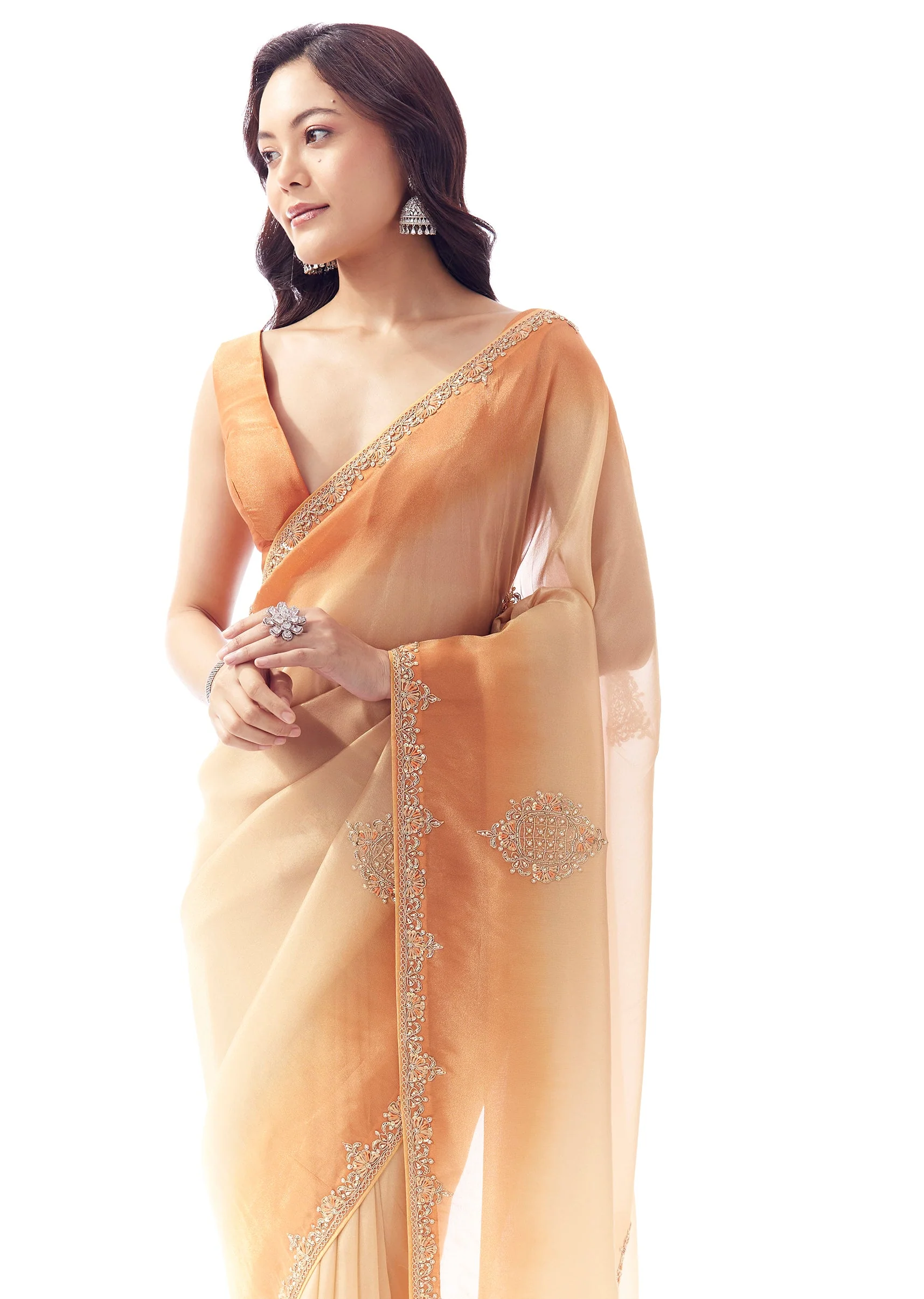 Shaded Orange Tissue Saree With Zardosi And Resham Hand Embroidery and Tasselled Pallu - Image 5