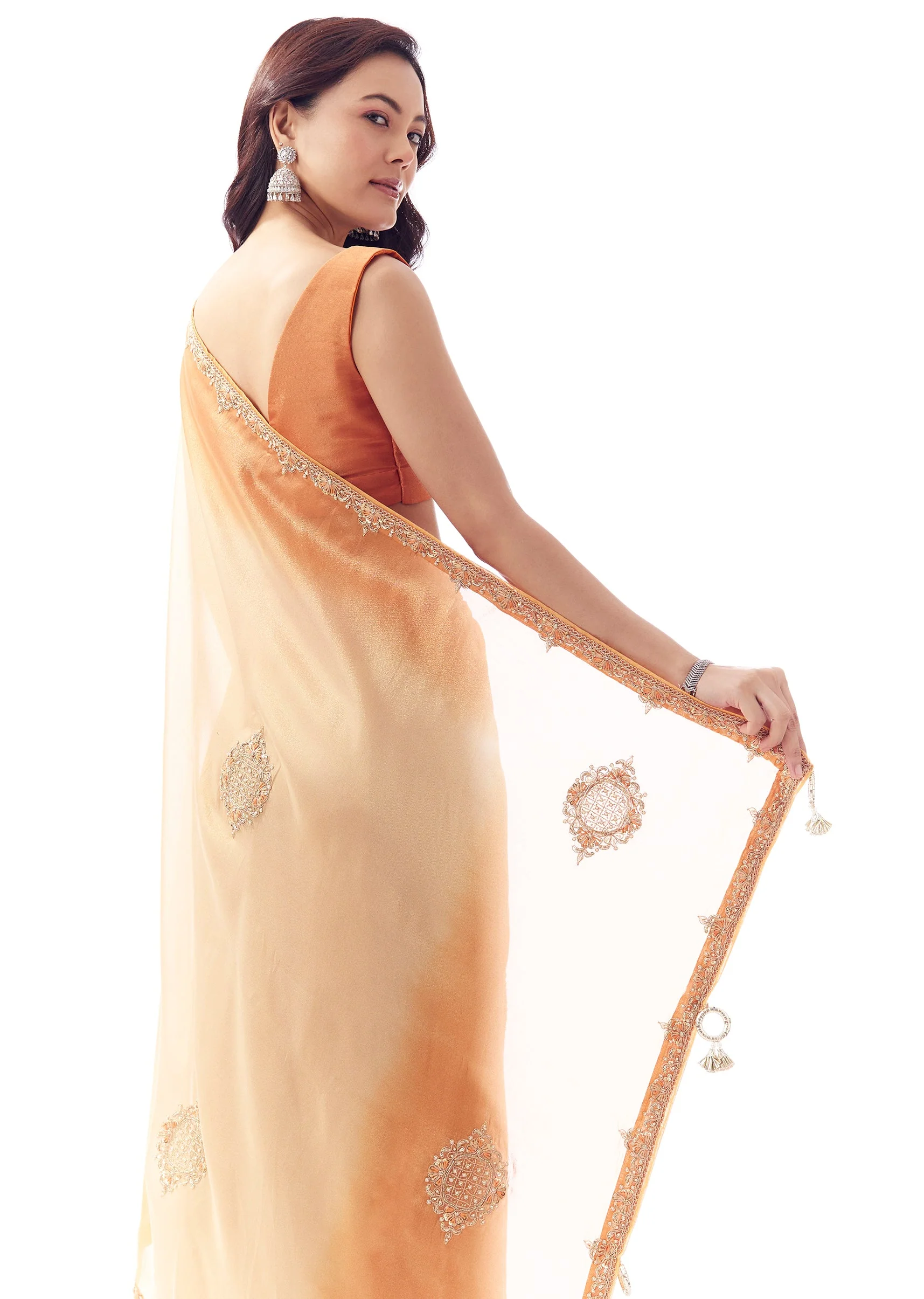 Shaded Orange Tissue Saree With Zardosi And Resham Hand Embroidery and Tasselled Pallu - Image 6