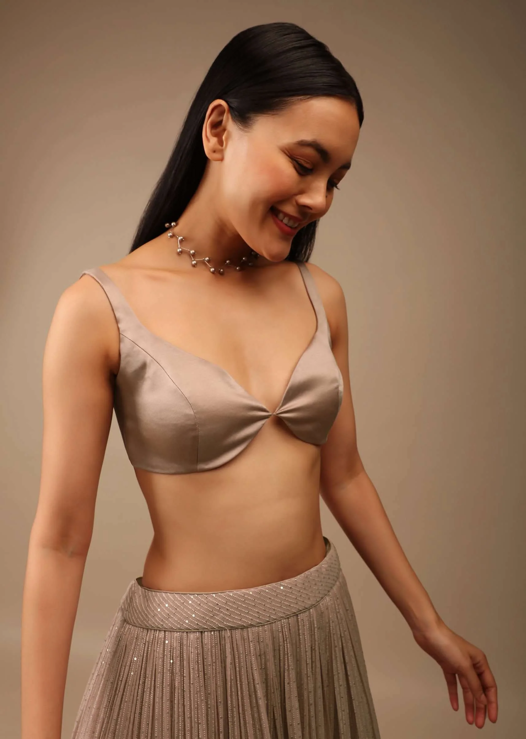 Shadow Grey Backless Blouse In Satin With Plunging Sweetheart Neckline And Curved Hem - Image 3