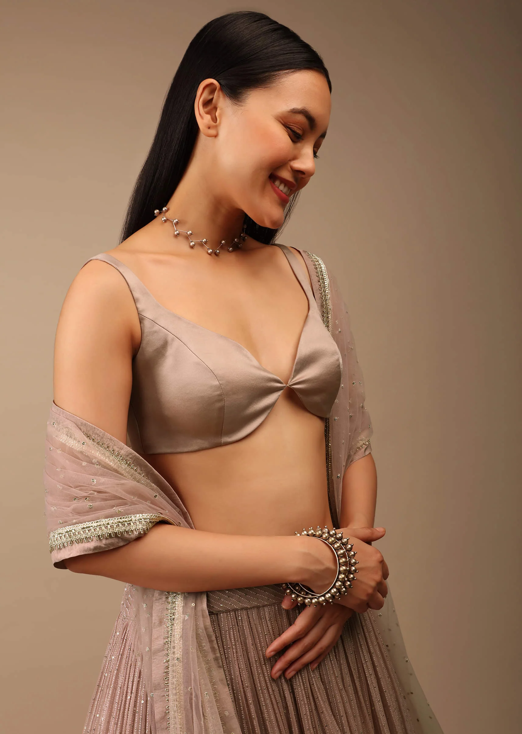 Shadow Grey Backless Blouse In Satin With Plunging Sweetheart Neckline And Curved Hem - Image 5