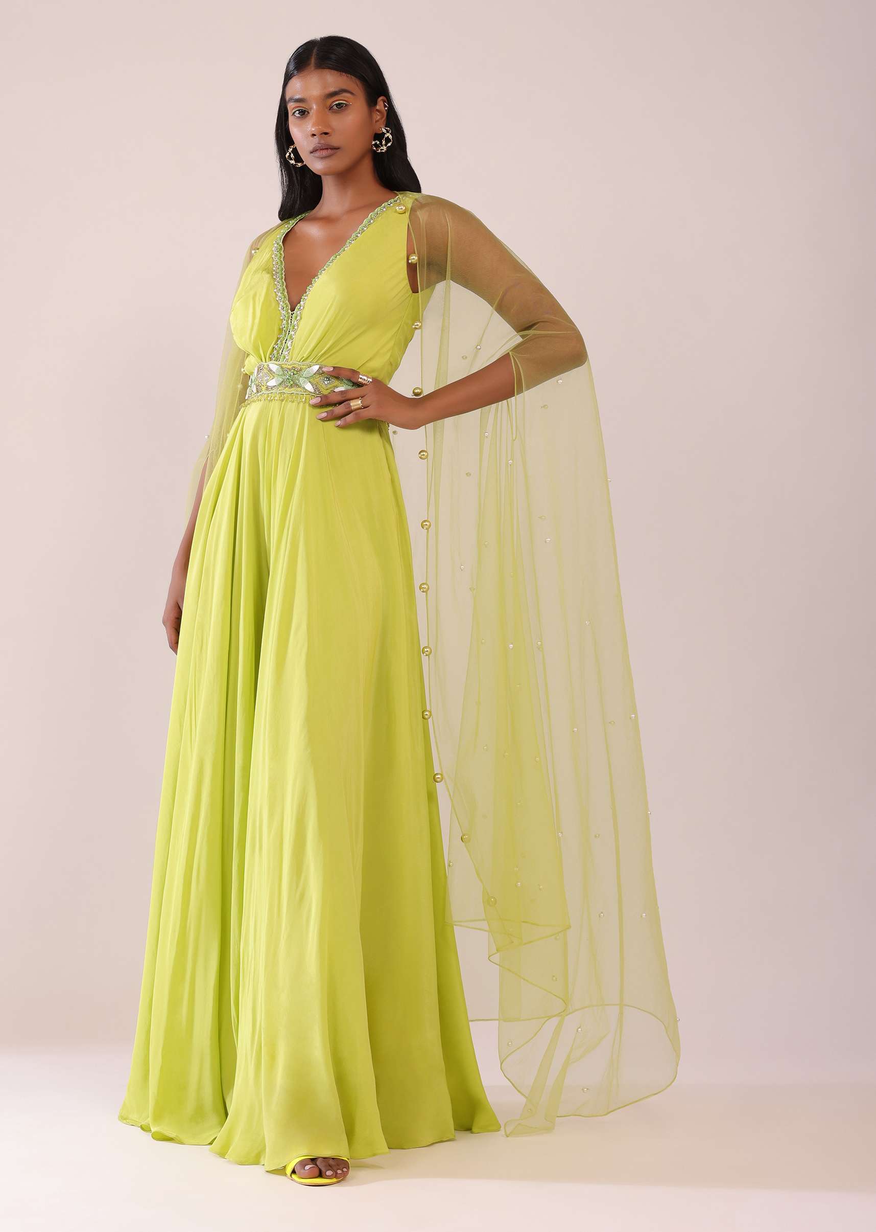 Sheen Green Crepe Jumpsuit And Net Shrug With A Crystal Bead Embroidered Belt - Image 4
