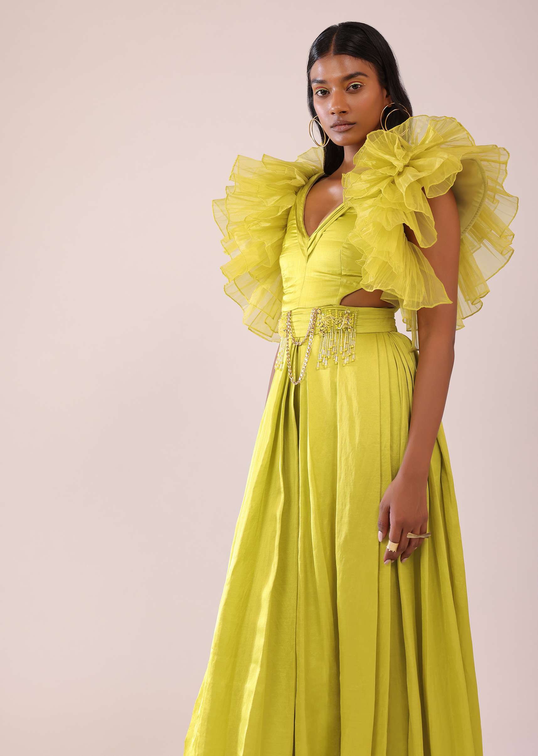 Sheen Green Jumpsuit With Ruffle Sleeves In Viscos Linen And Satin - Image 3