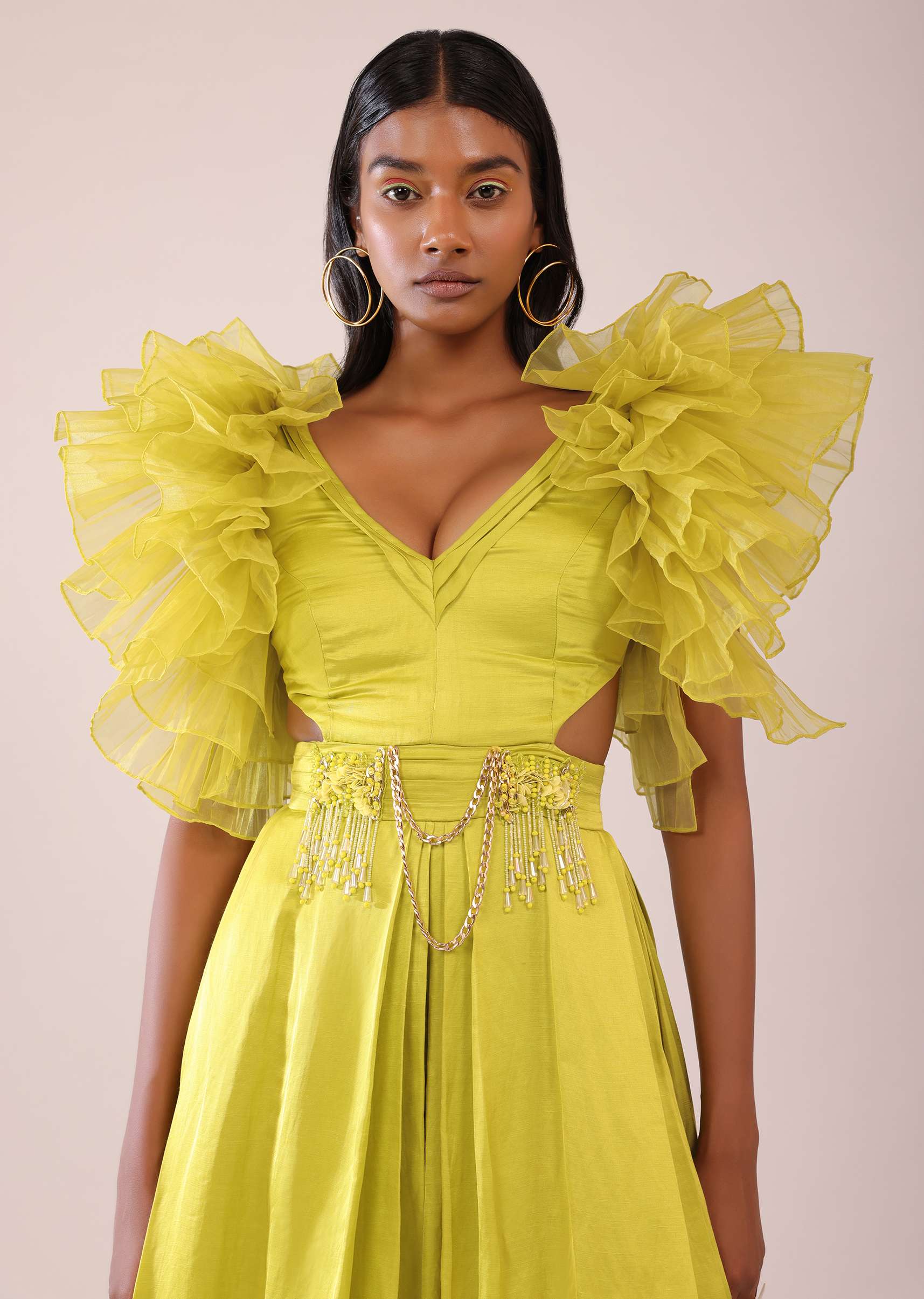 Sheen Green Jumpsuit With Ruffle Sleeves In Viscos Linen And Satin - Image 5
