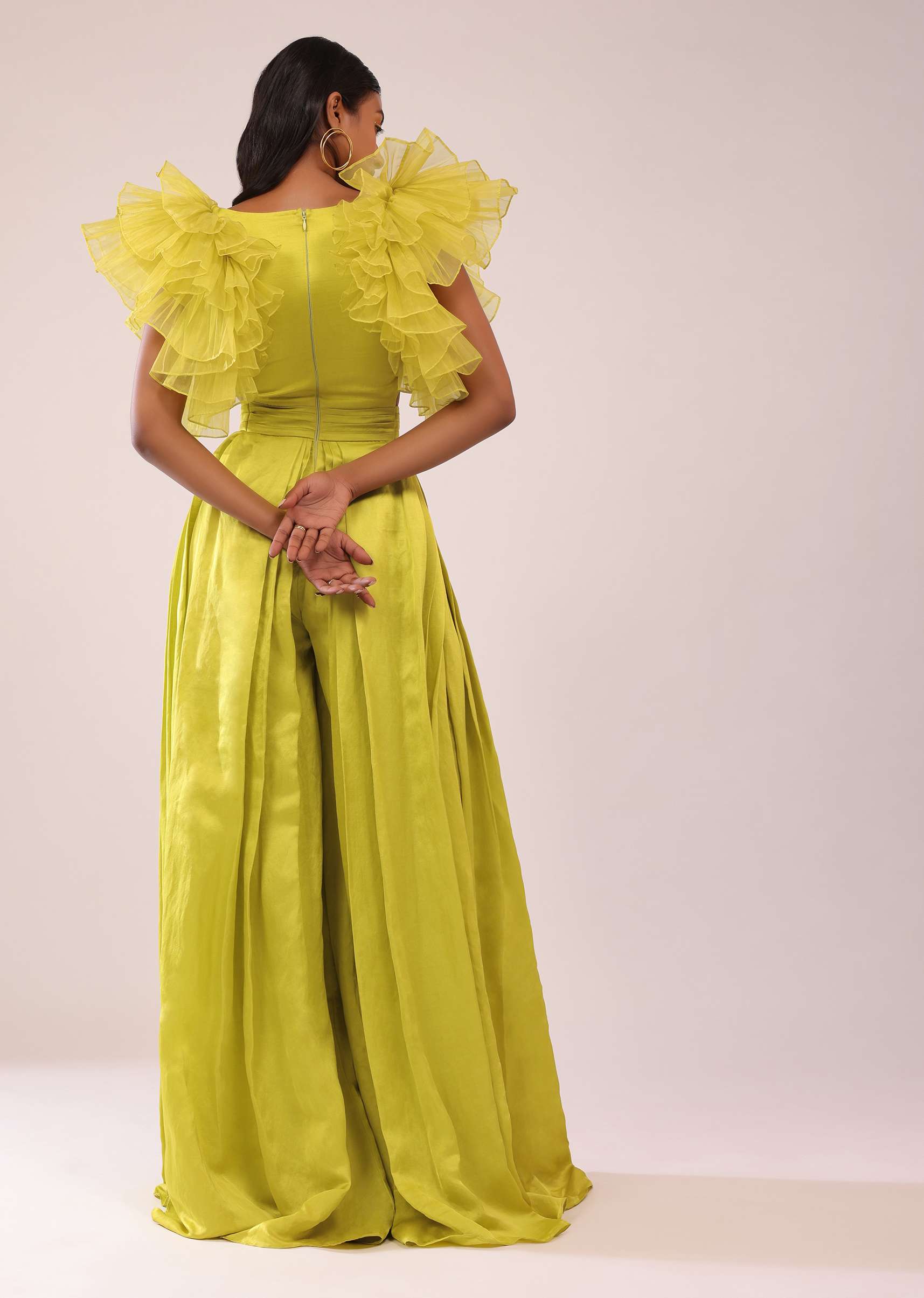 Sheen Green Jumpsuit With Ruffle Sleeves In Viscos Linen And Satin - Image 7