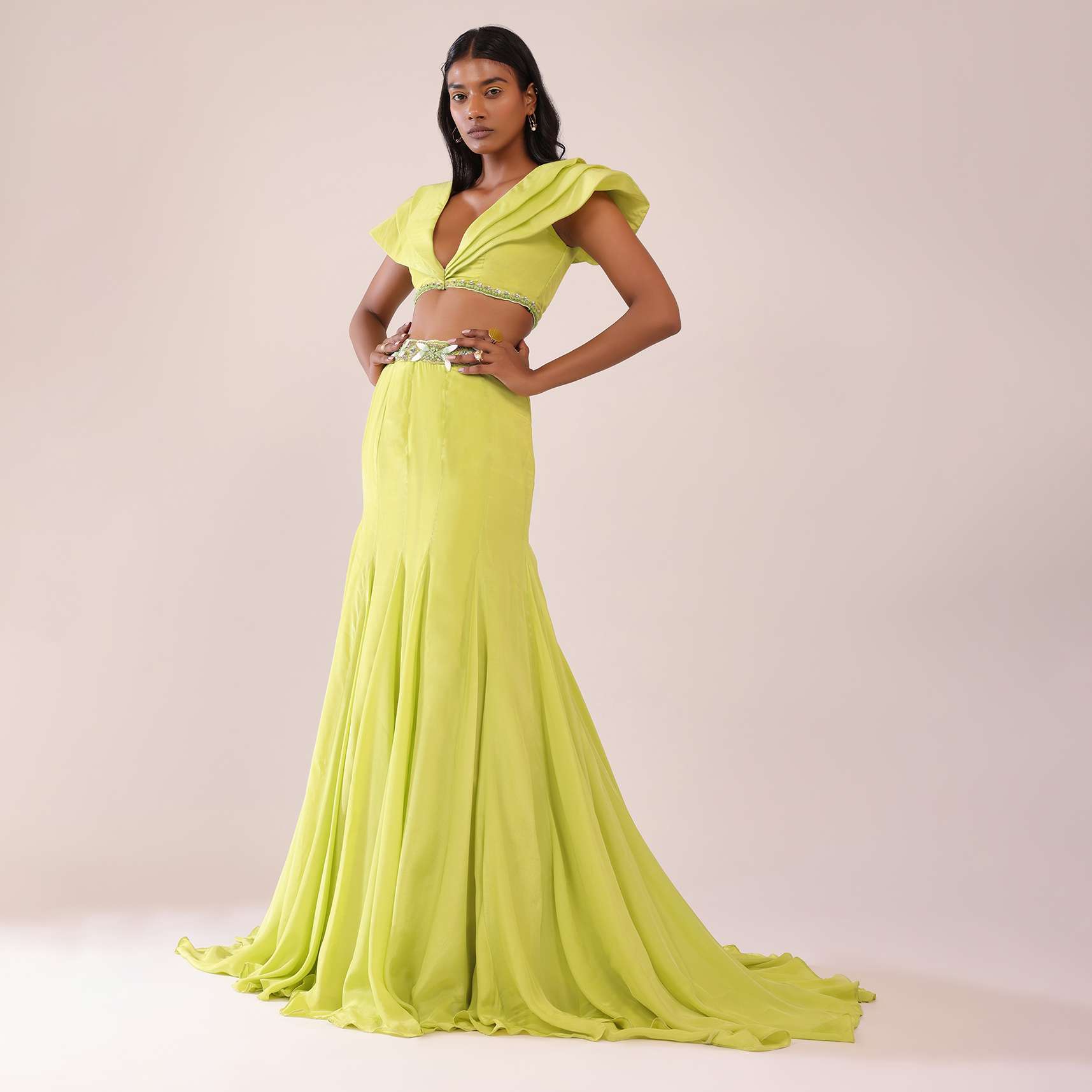Sheen Green Paneled Lengha And Blouse With Elaborated Sleeves In Crepe - Image 2