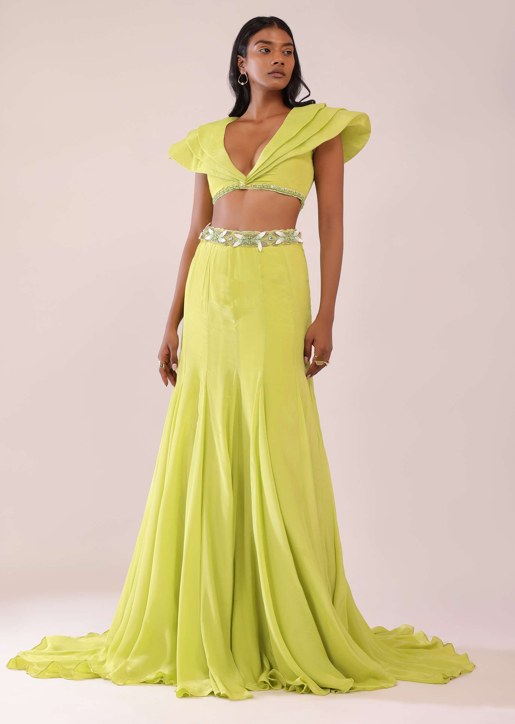 Sheen Green Paneled Lengha And Blouse With Elaborated Sleeves In Crepe - Image 4
