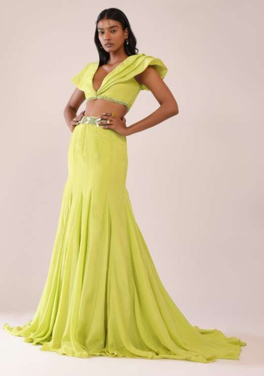 Sheen Green Paneled Lengha And Blouse With Elaborated Sleeves In Crepe - Image 6