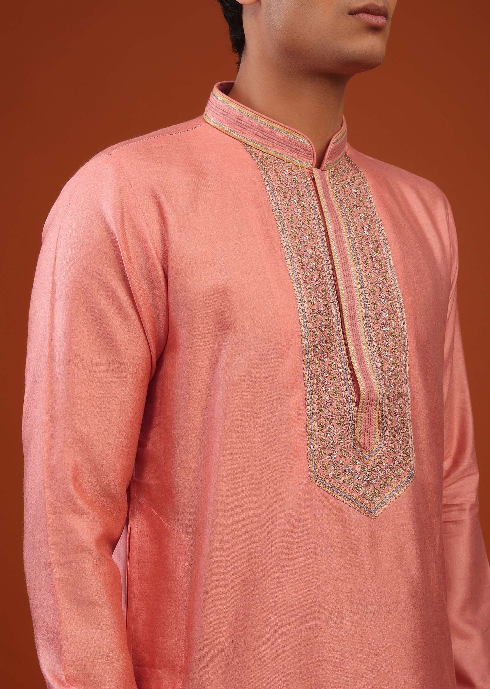 Coral Pink Thread Embroidered Silk Kurta Set - Image 2