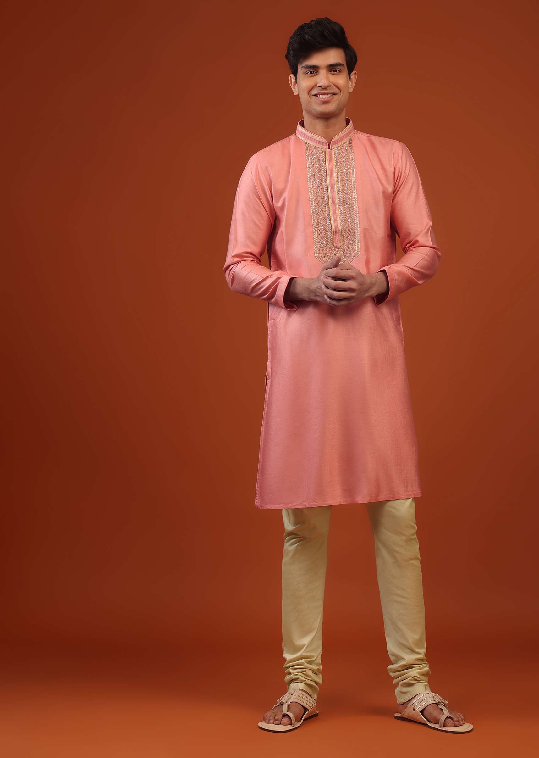 Coral Pink Thread Embroidered Silk Kurta Set - Image 3