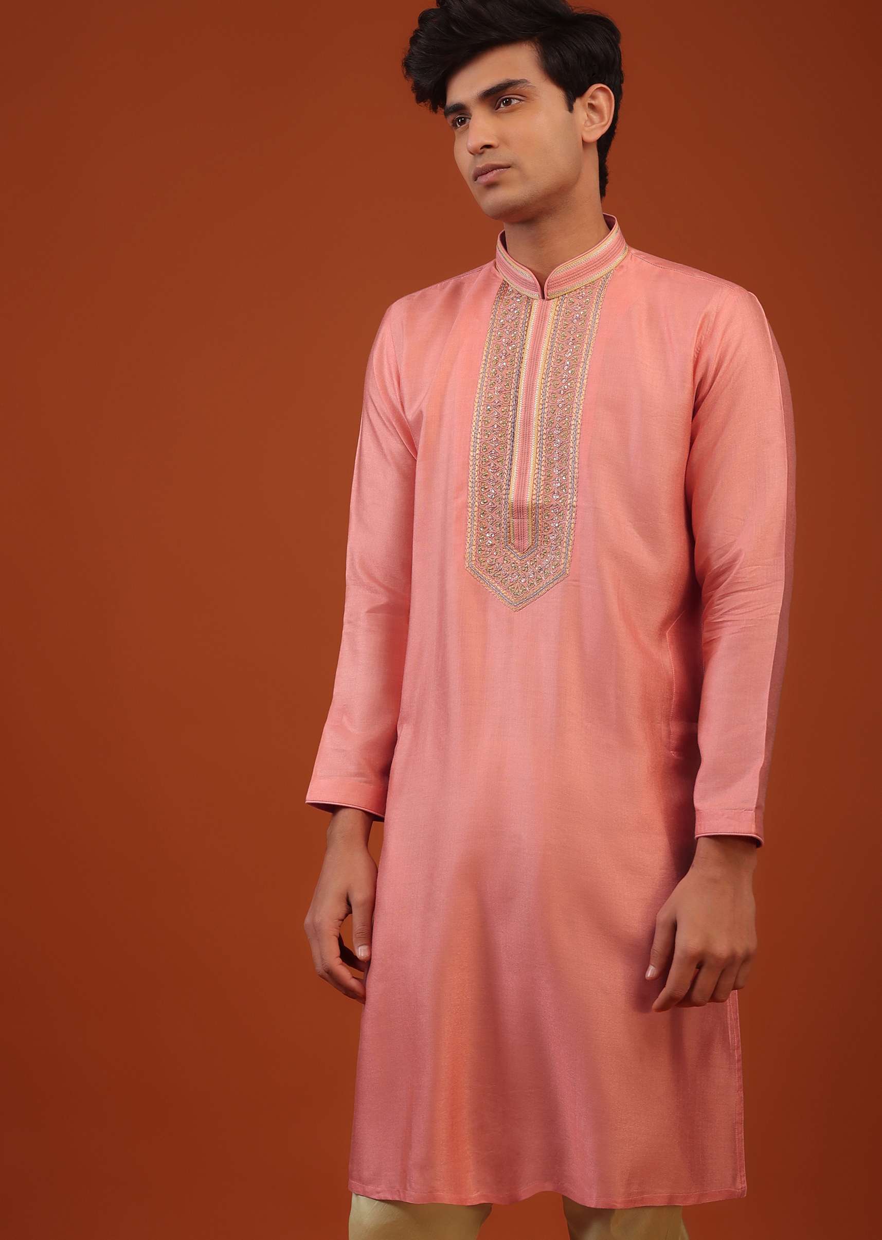 Coral Pink Thread Embroidered Silk Kurta Set - Image 4