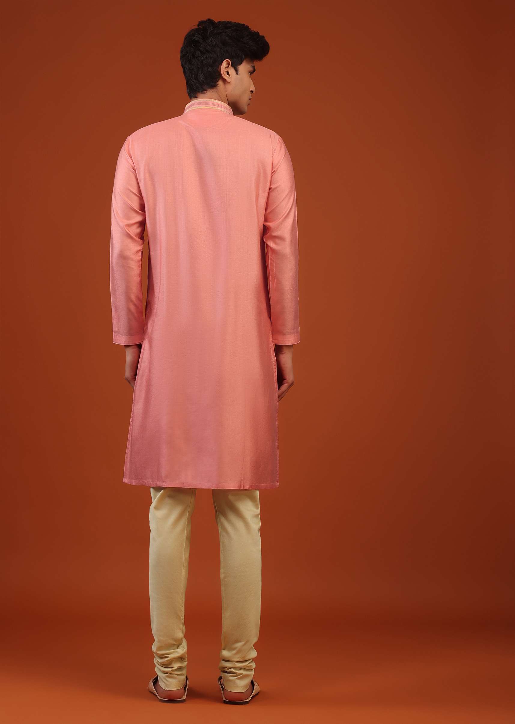 Coral Pink Thread Embroidered Silk Kurta Set - Image 5