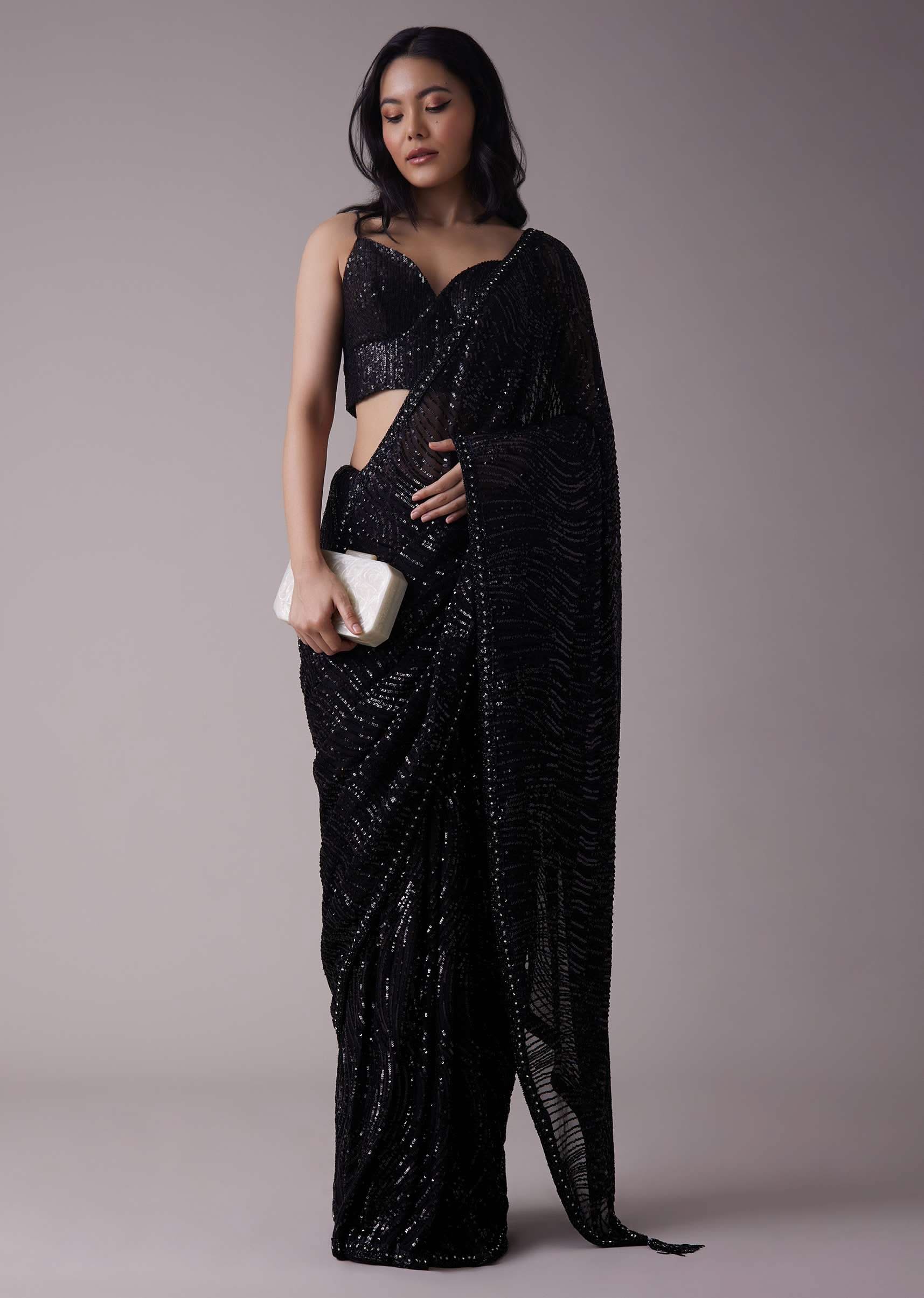 Shimmery Black Sequins Saree With An Embellished Border - Image 3