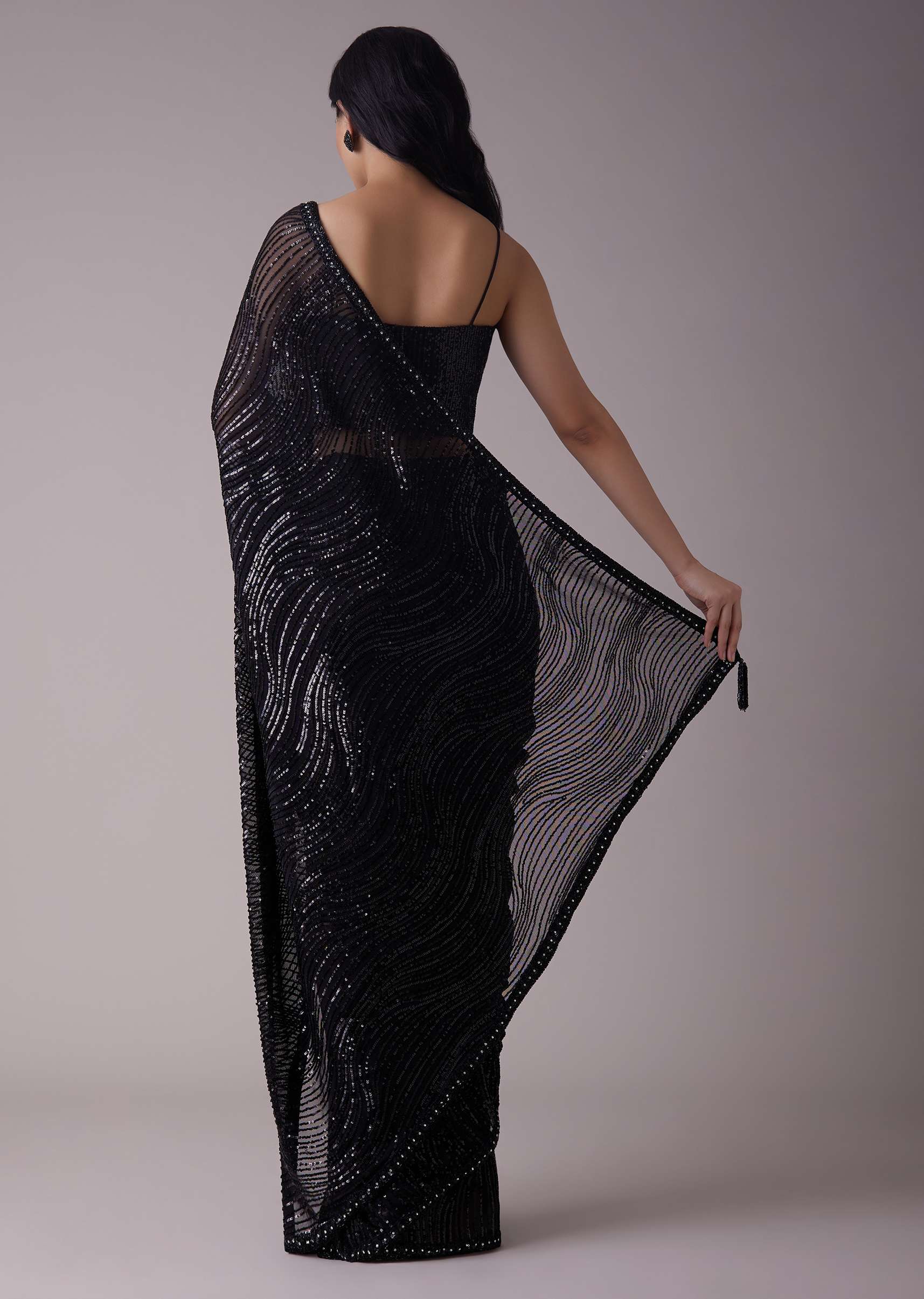 Shimmery Black Sequins Saree With An Embellished Border - Image 4