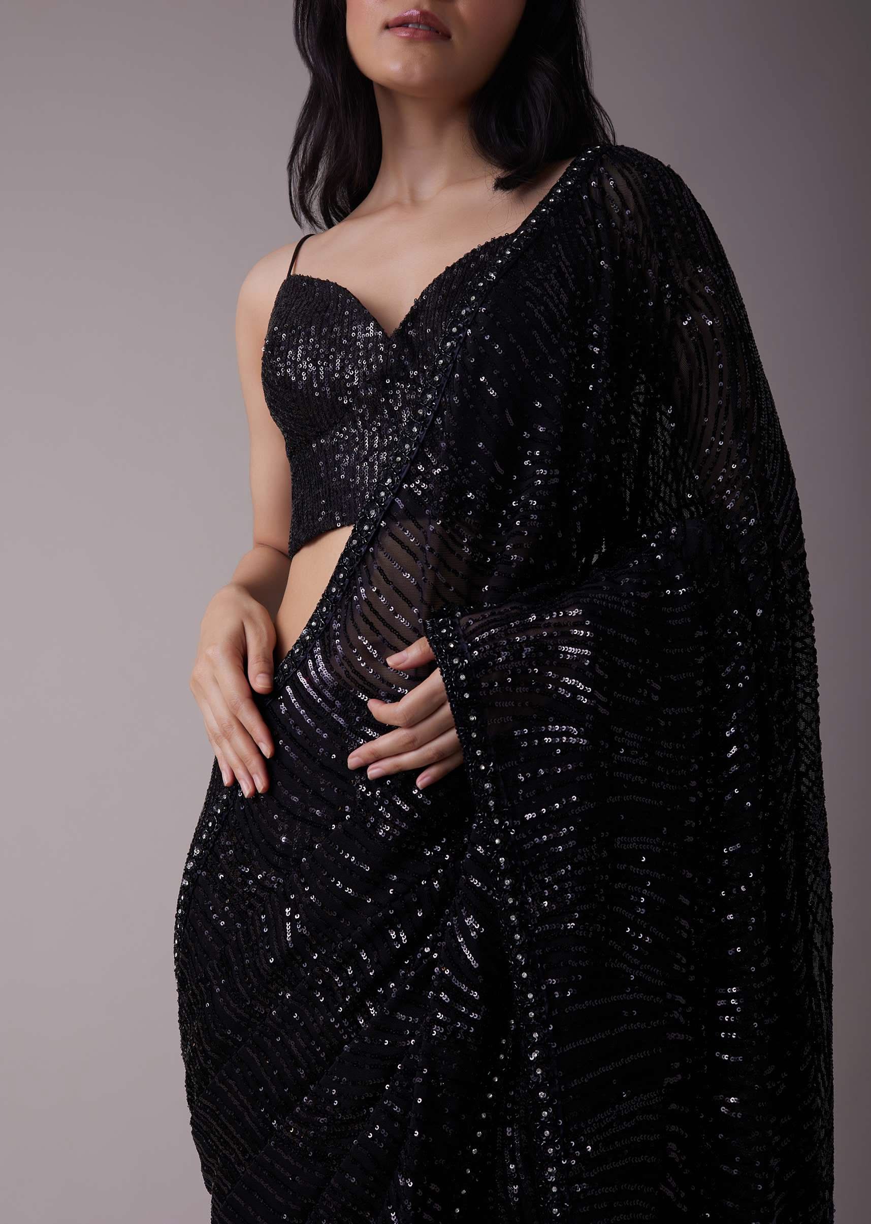 Shimmery Black Sequins Saree With An Embellished Border - Image 5