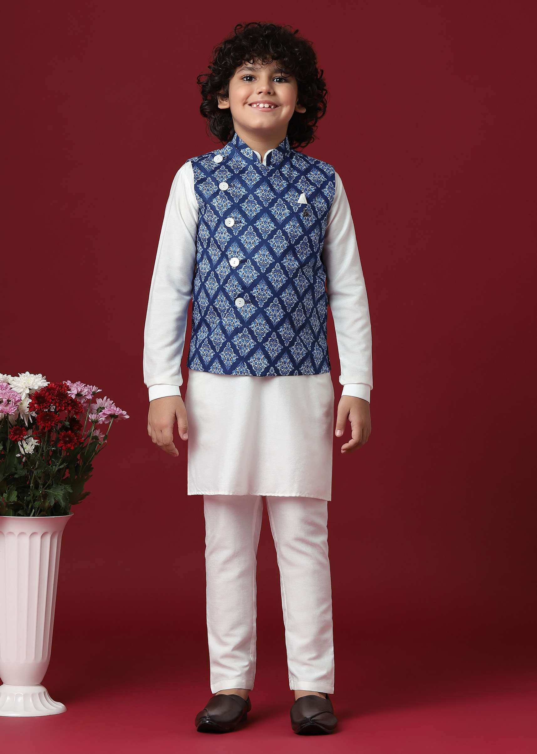 Silk Printed Jacket Kurta Set in Blue - Image 3