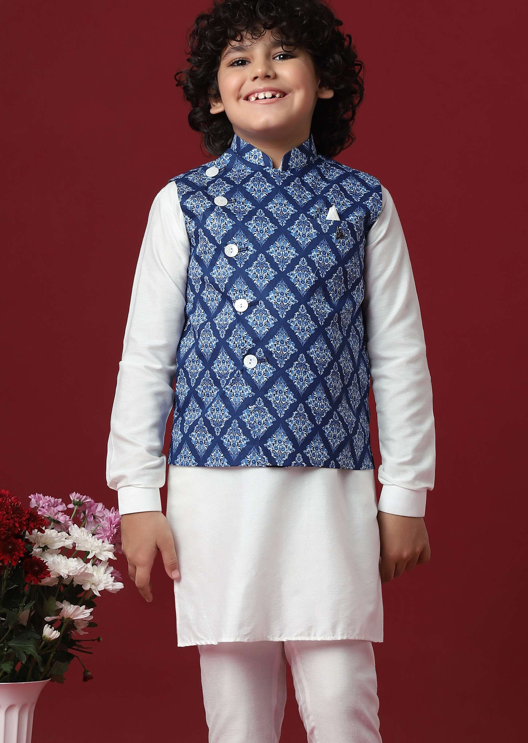 Silk Printed Jacket Kurta Set in Blue - Image 4