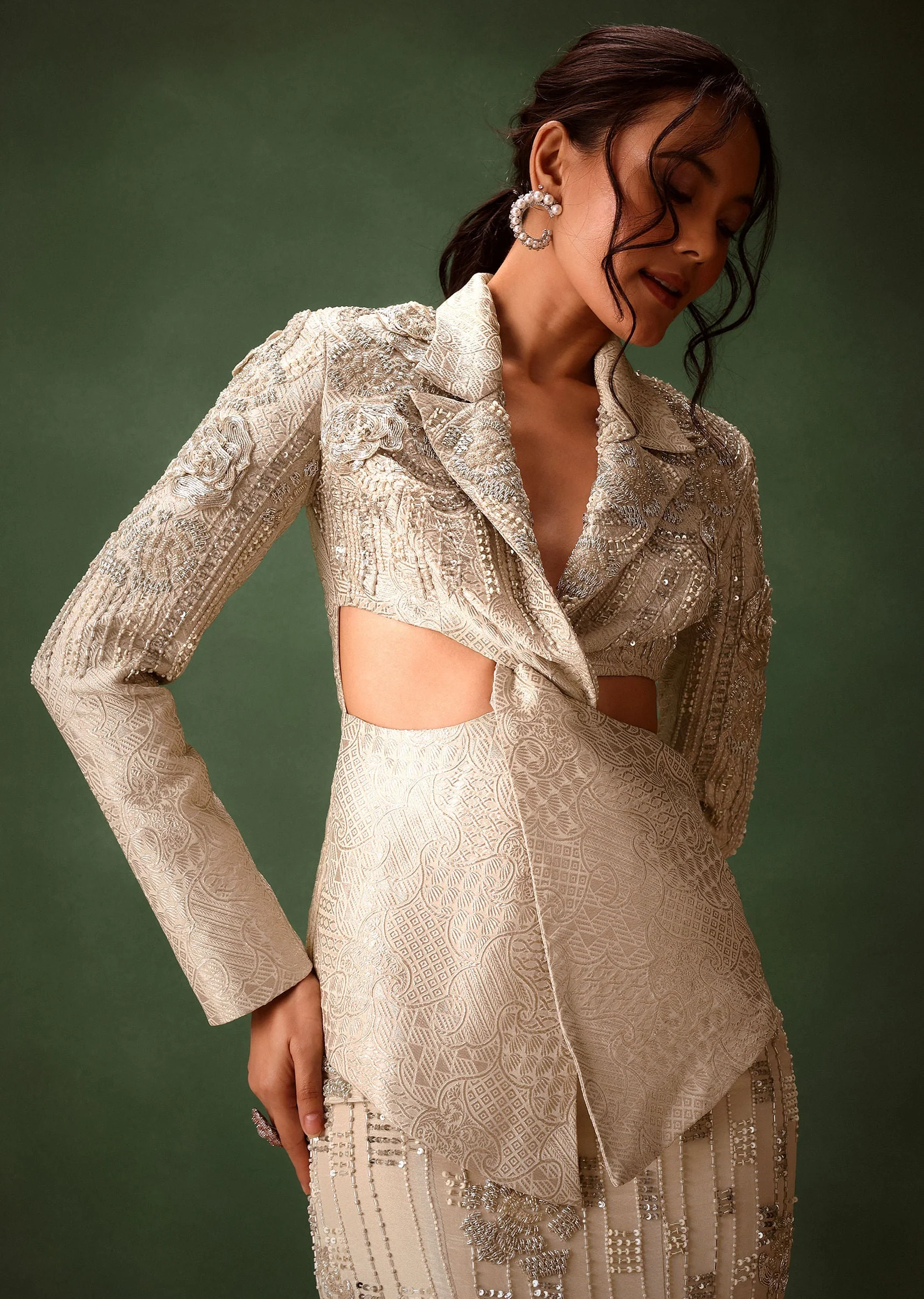 Silver Banarasi Brocade Jacket Lehenga Set - Image 4
