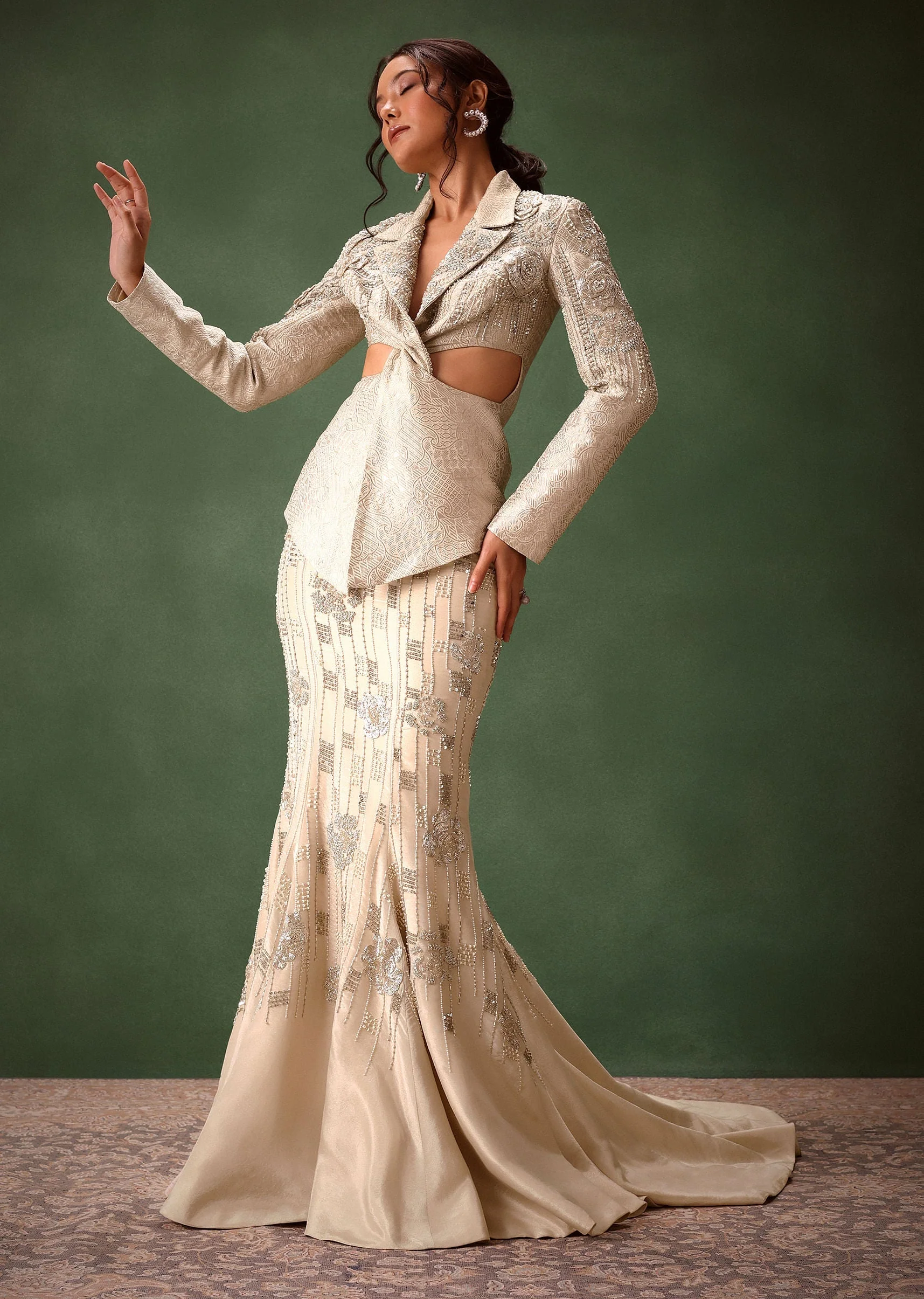 Silver Banarasi Brocade Jacket Lehenga Set - Image 6