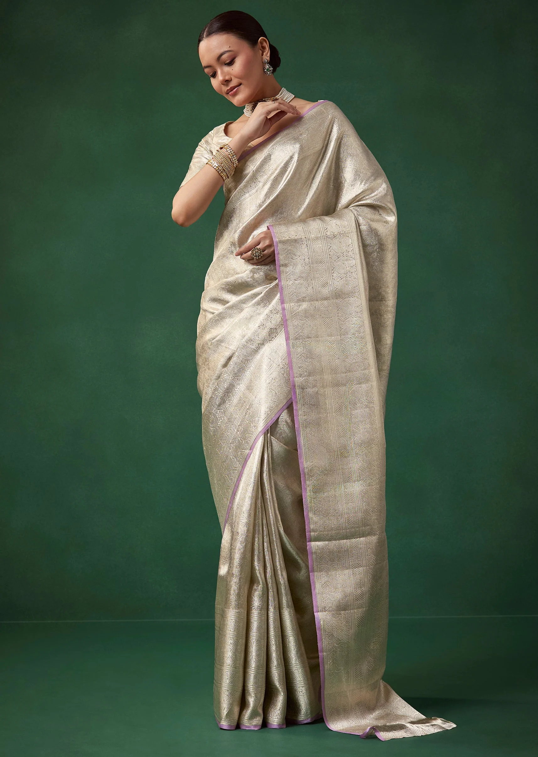 Silver Banarasi Jacquard Weave Saree with Unstitched Blouse - Image 3