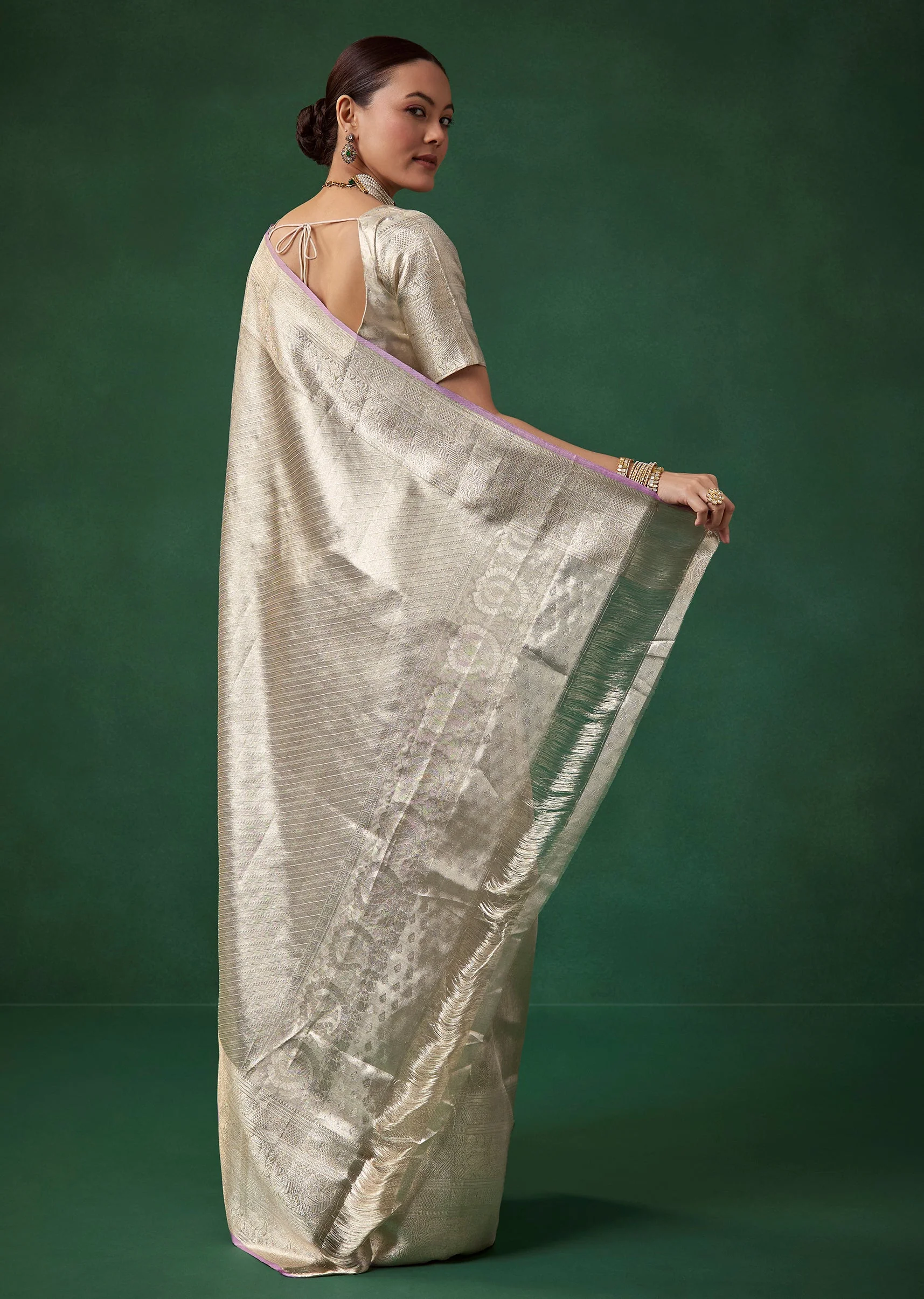 Silver Banarasi Jacquard Weave Saree with Unstitched Blouse - Image 4